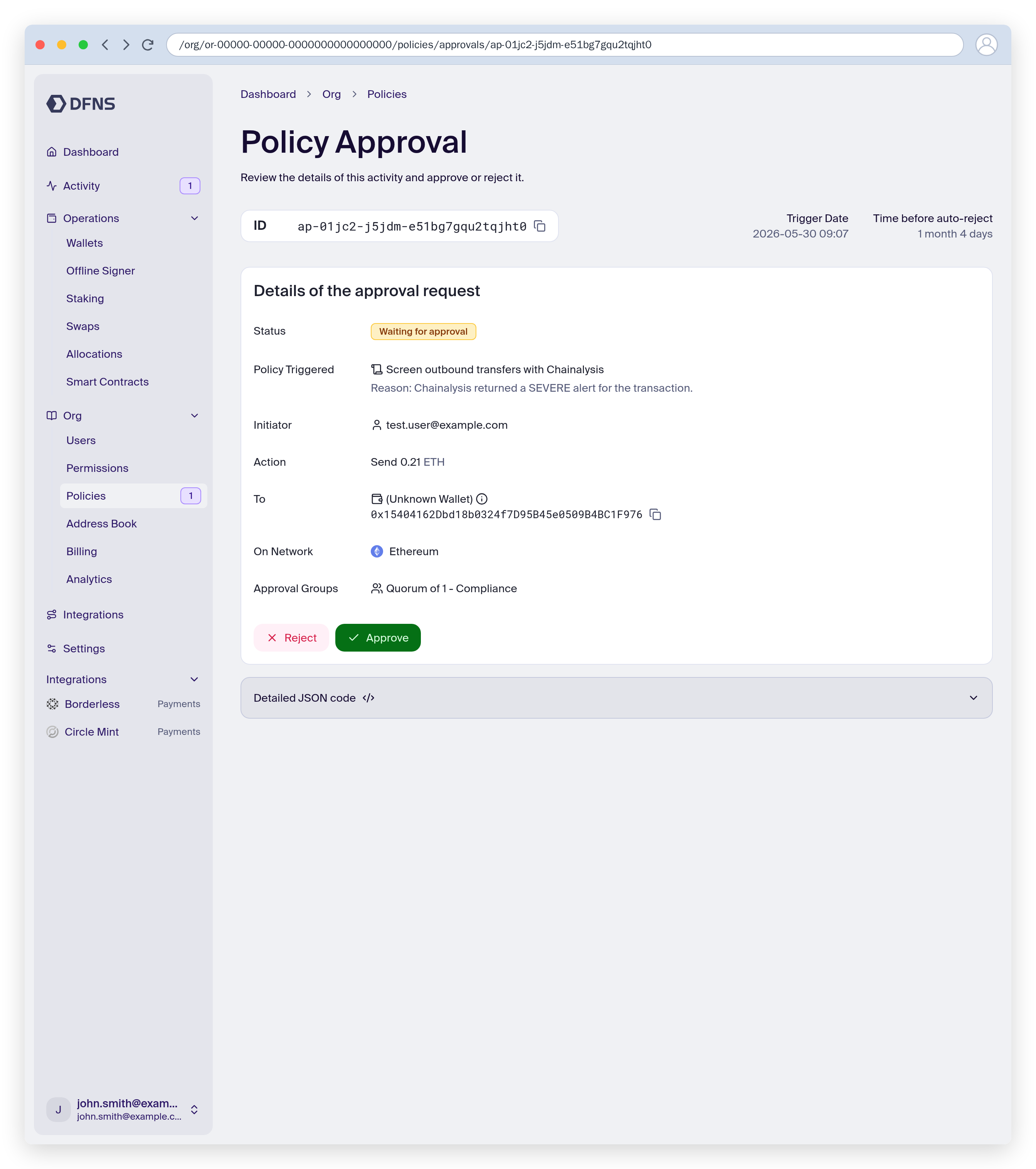 Pending policy approval triggered by a Chainalysis alert