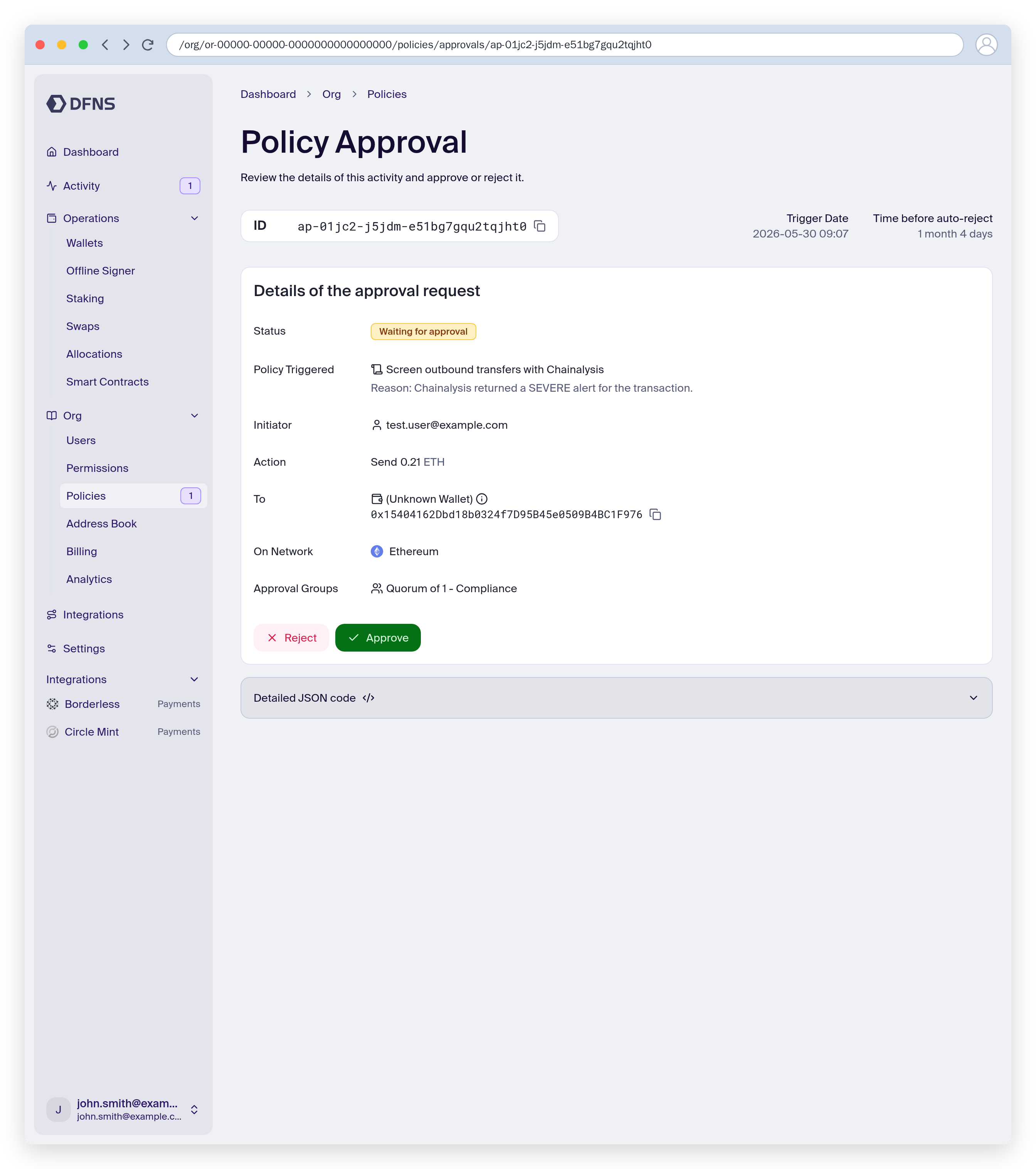 Pending policy approval triggered by a Chainalysis alert