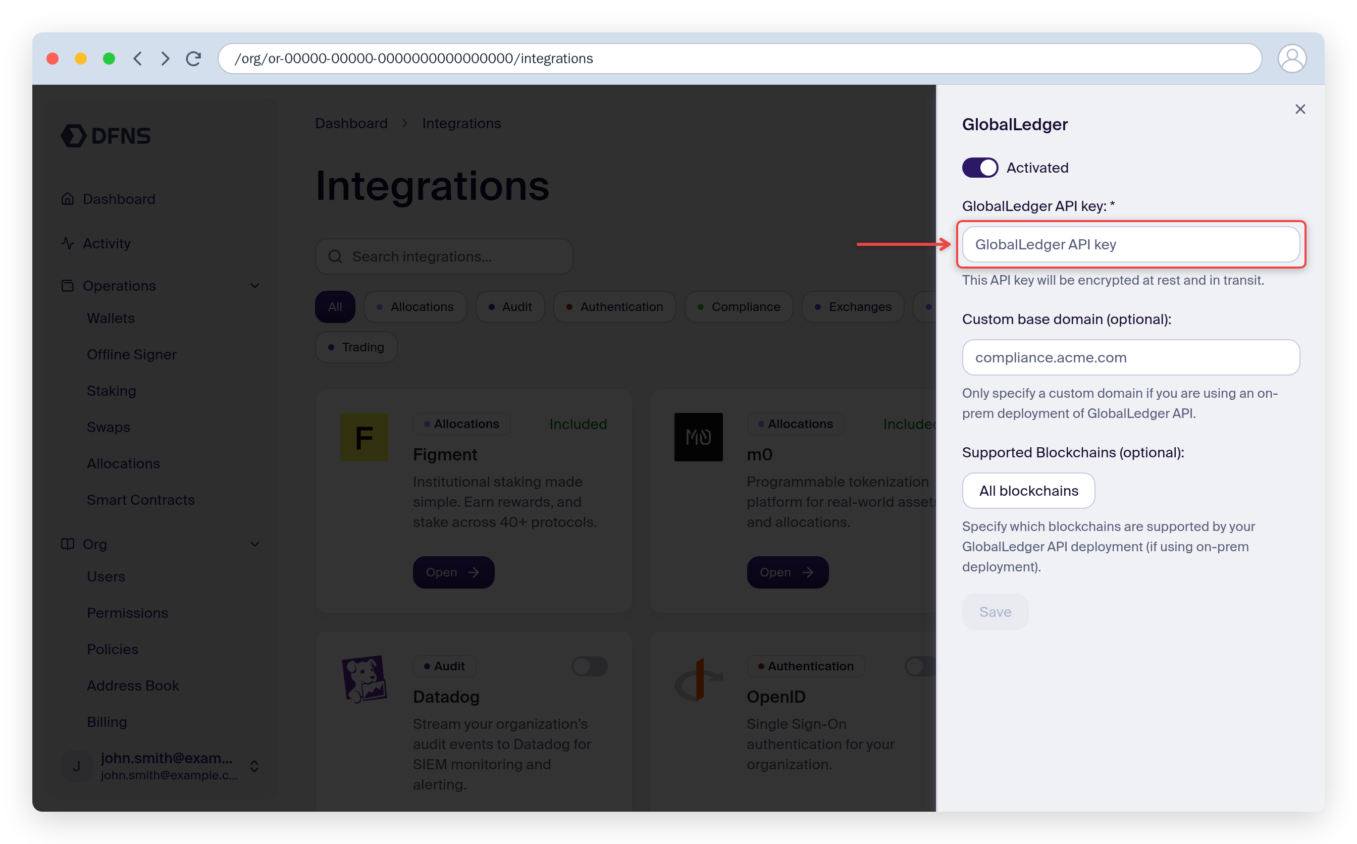 Global Ledger integration settings with the API key field