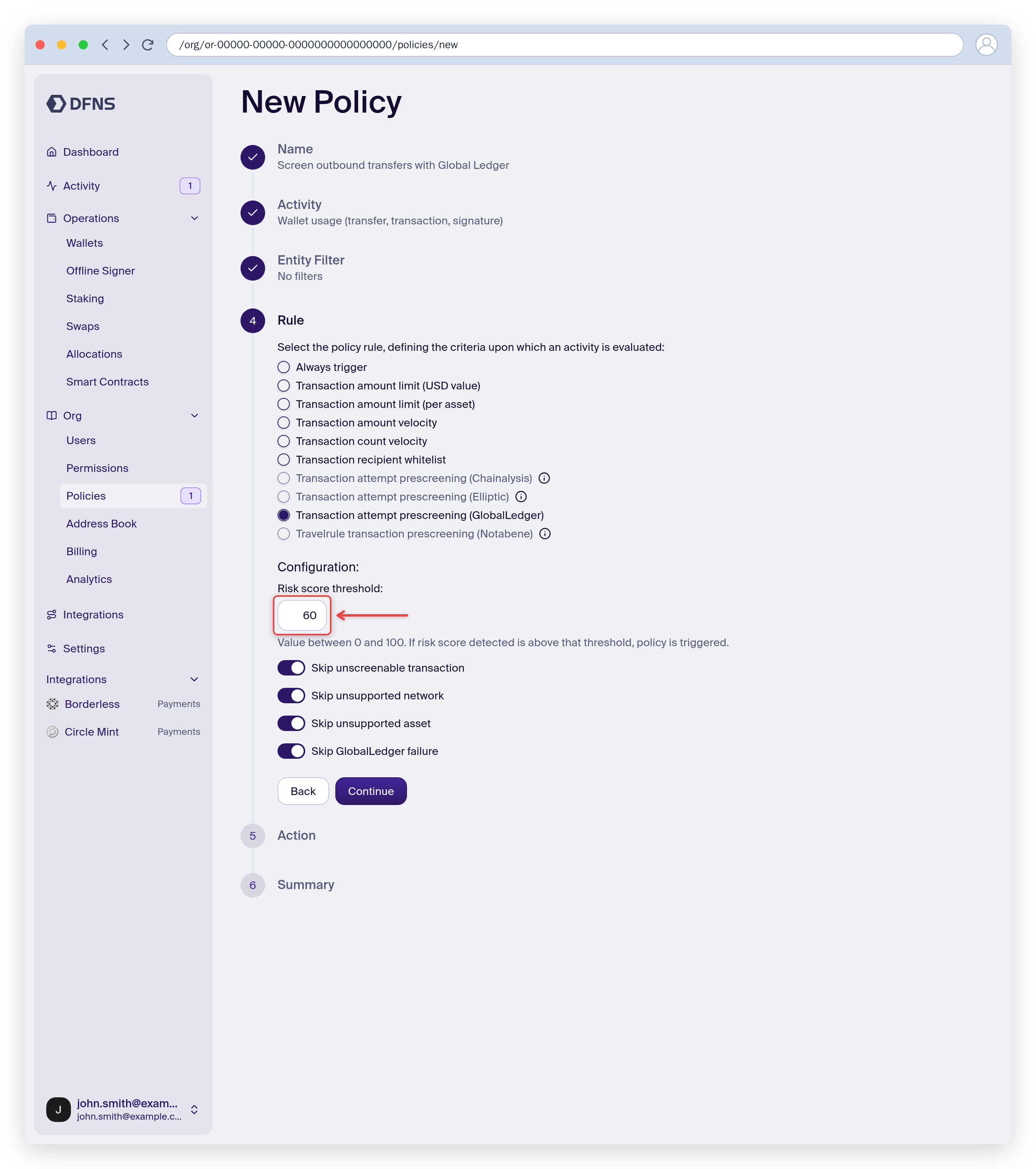Policy rule set to Global Ledger prescreening with a risk score threshold