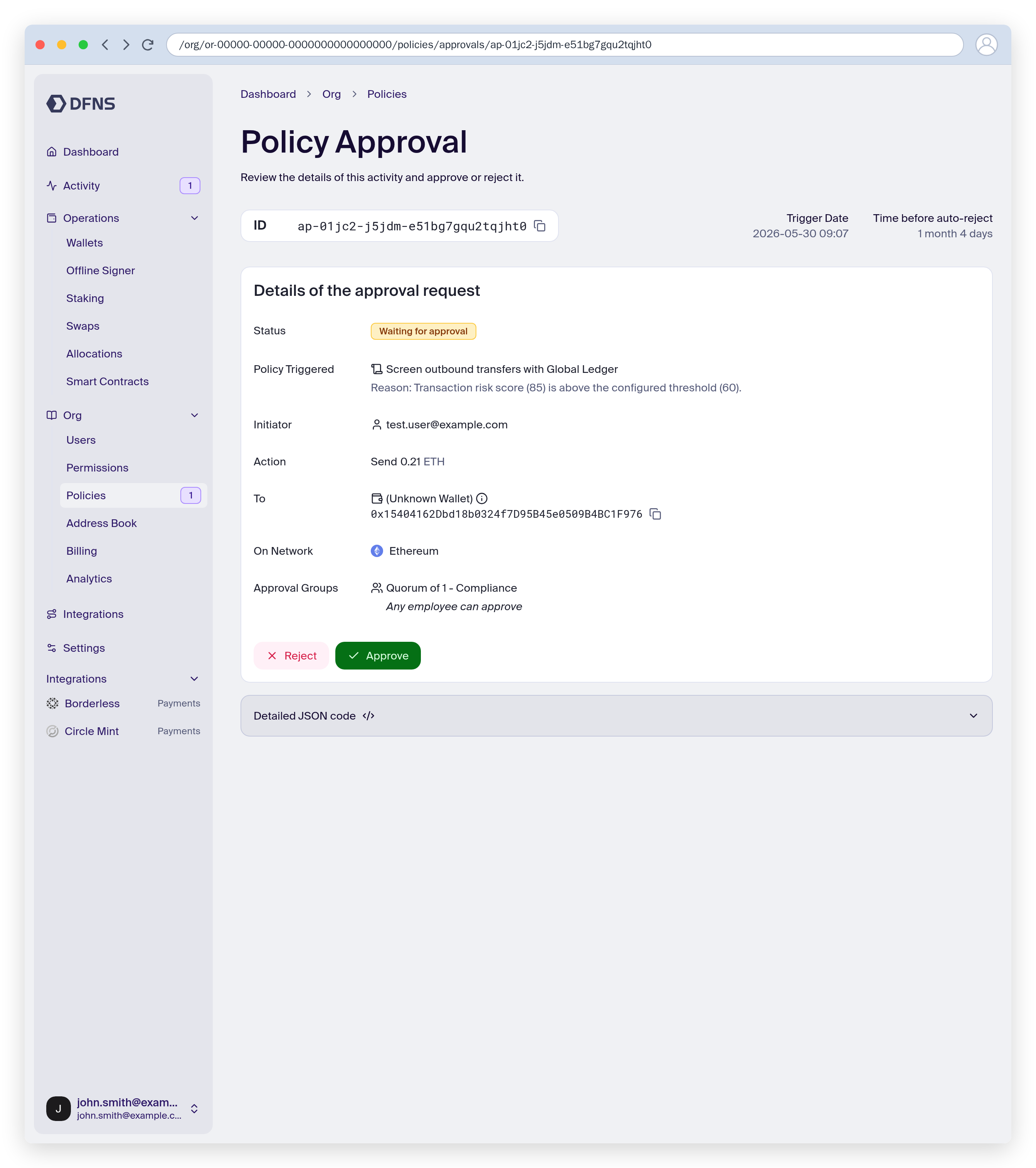 Pending policy approval triggered by a Global Ledger risk score above the threshold