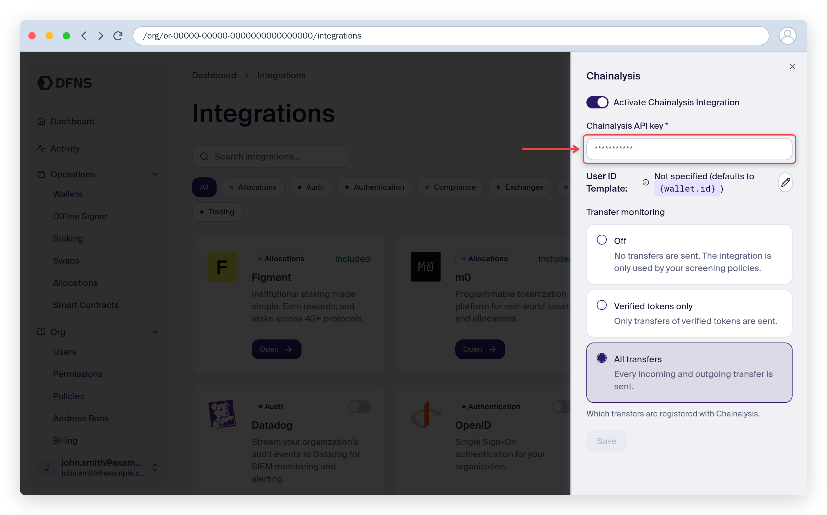 Chainalysis integration settings with the API key and transfer monitoring fields