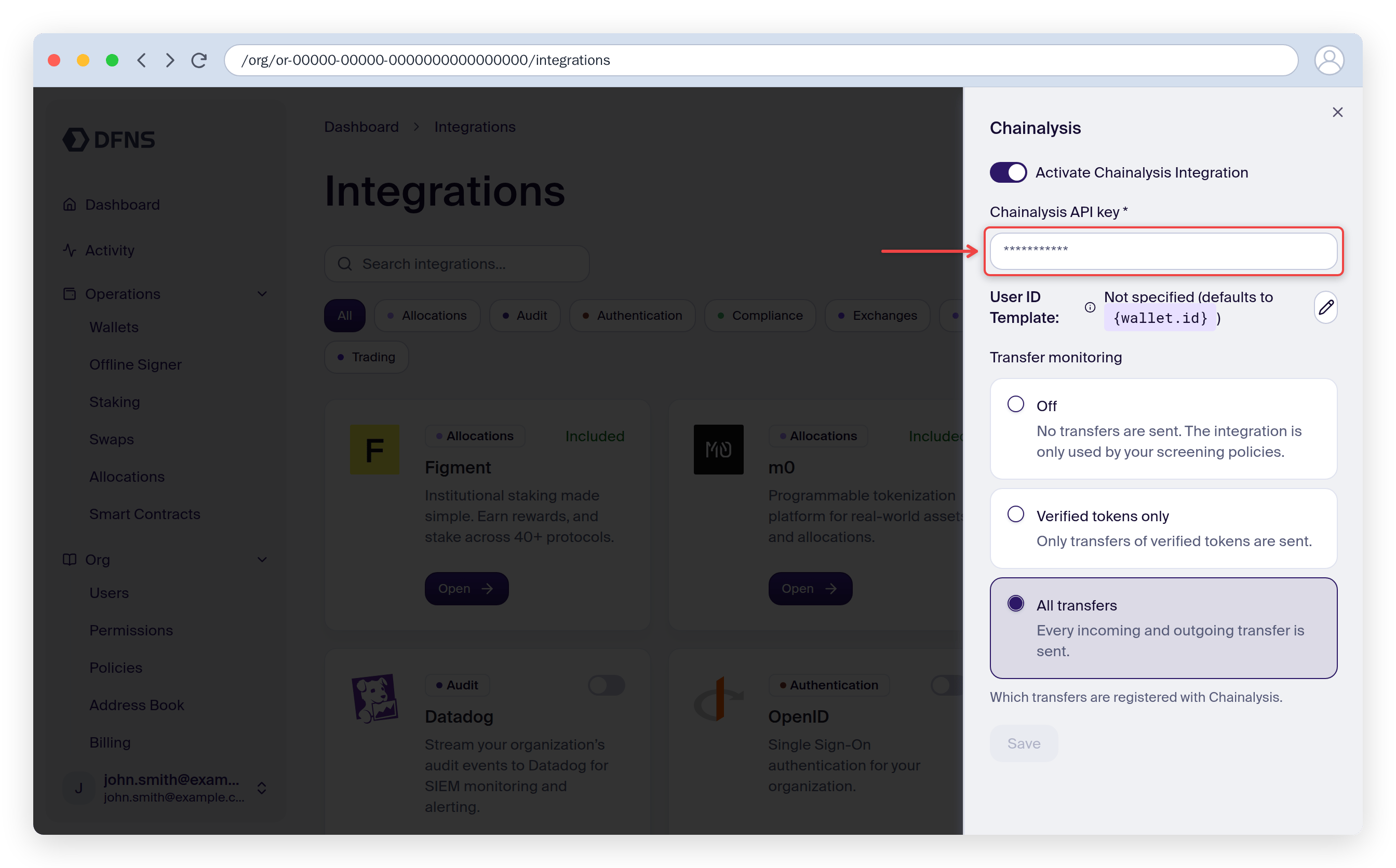 Chainalysis integration settings with the API key and transfer monitoring fields