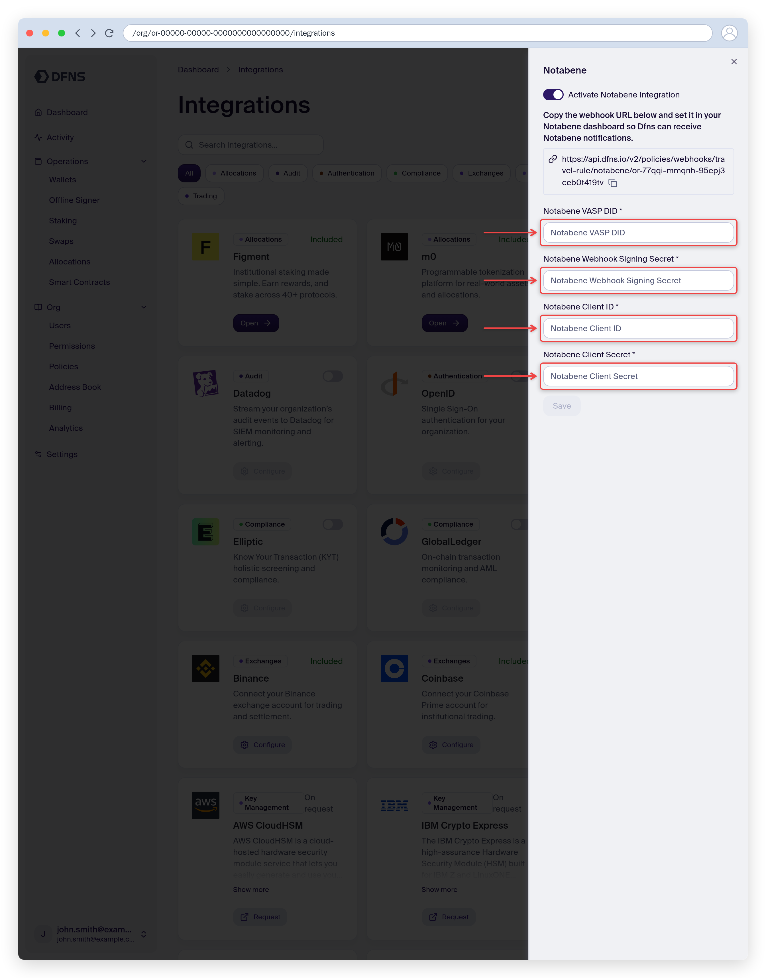 Notabene Travel Rule integration settings with the VASP DID and credential fields