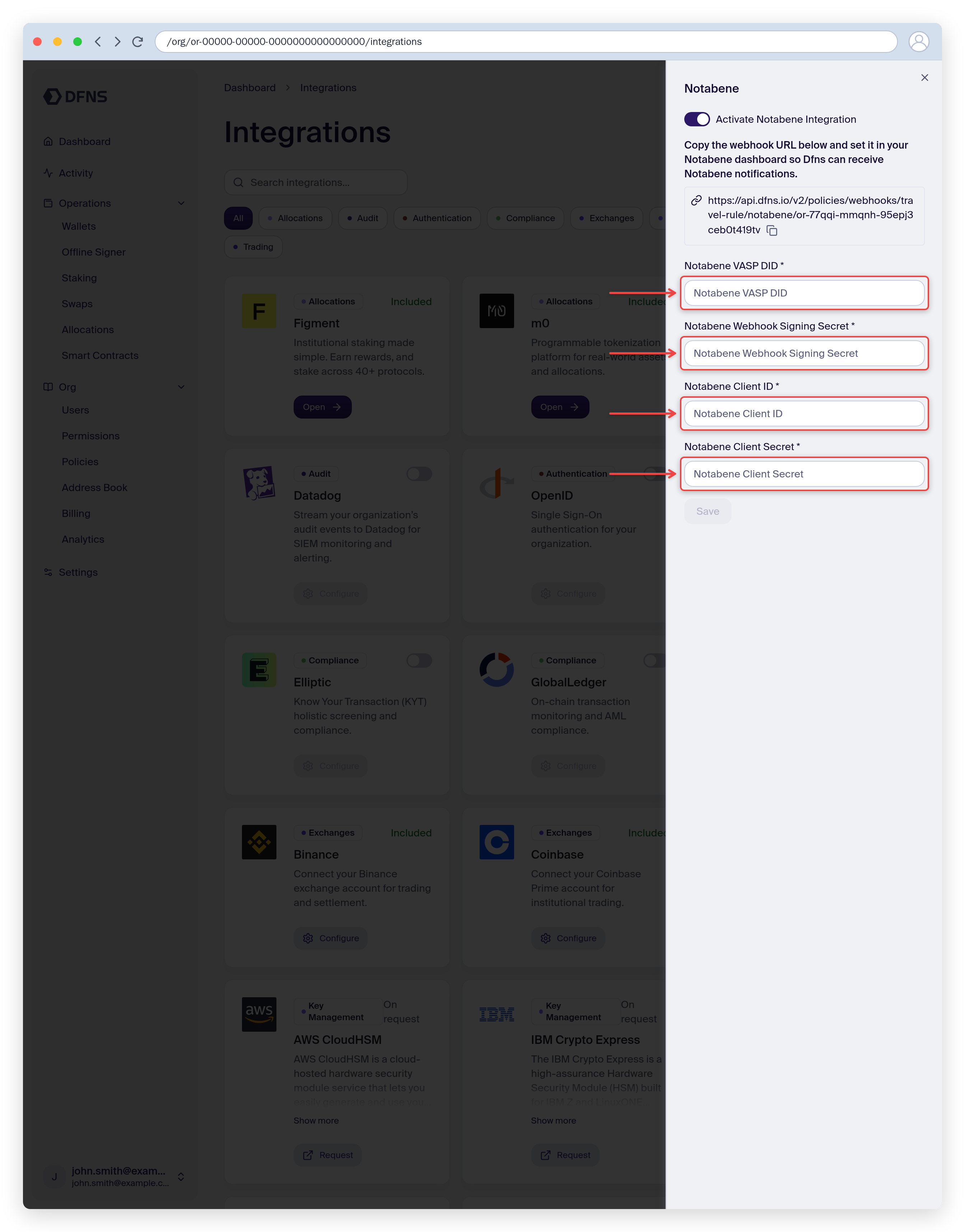 Notabene Travel Rule integration settings with the VASP DID and credential fields