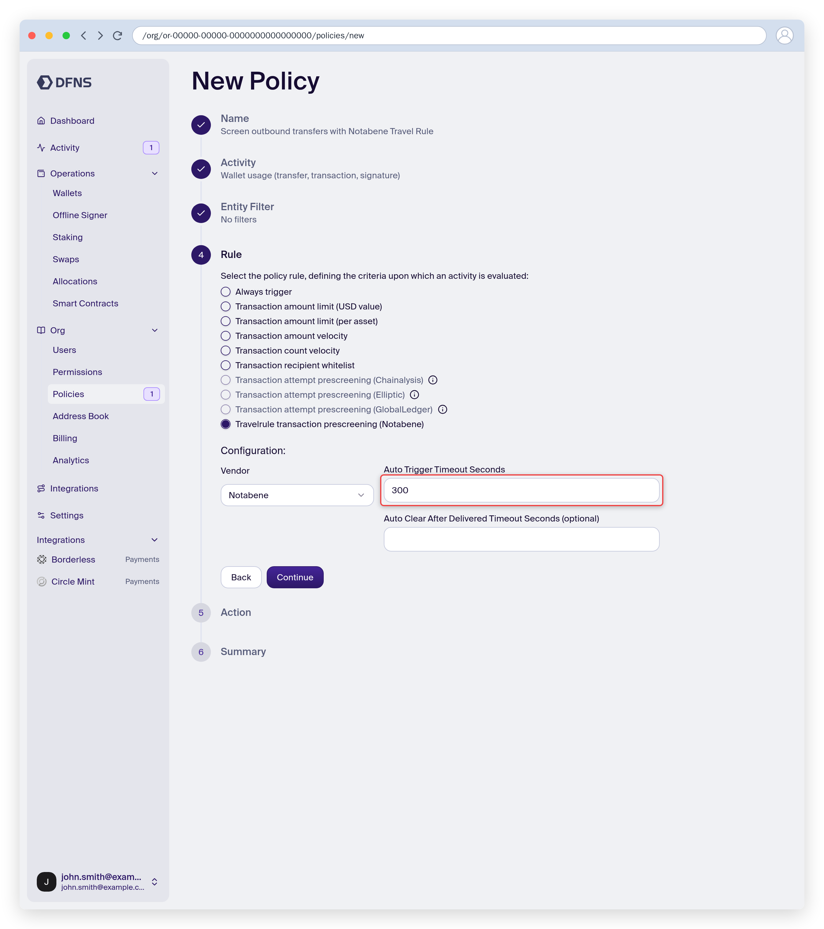 Policy wizard with the Notabene Travel Rule prescreening rule selected