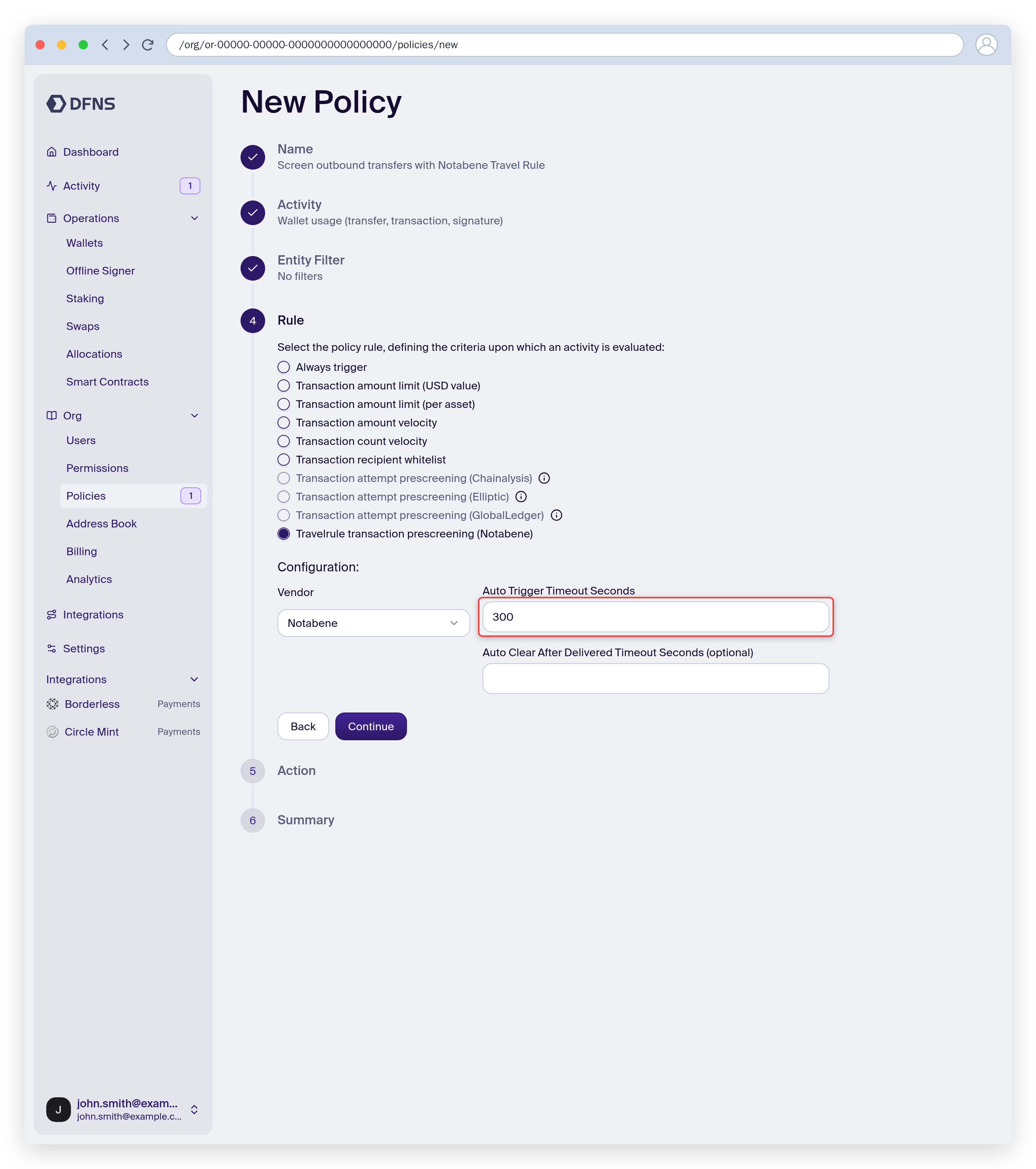 Policy wizard with the Notabene Travel Rule prescreening rule selected