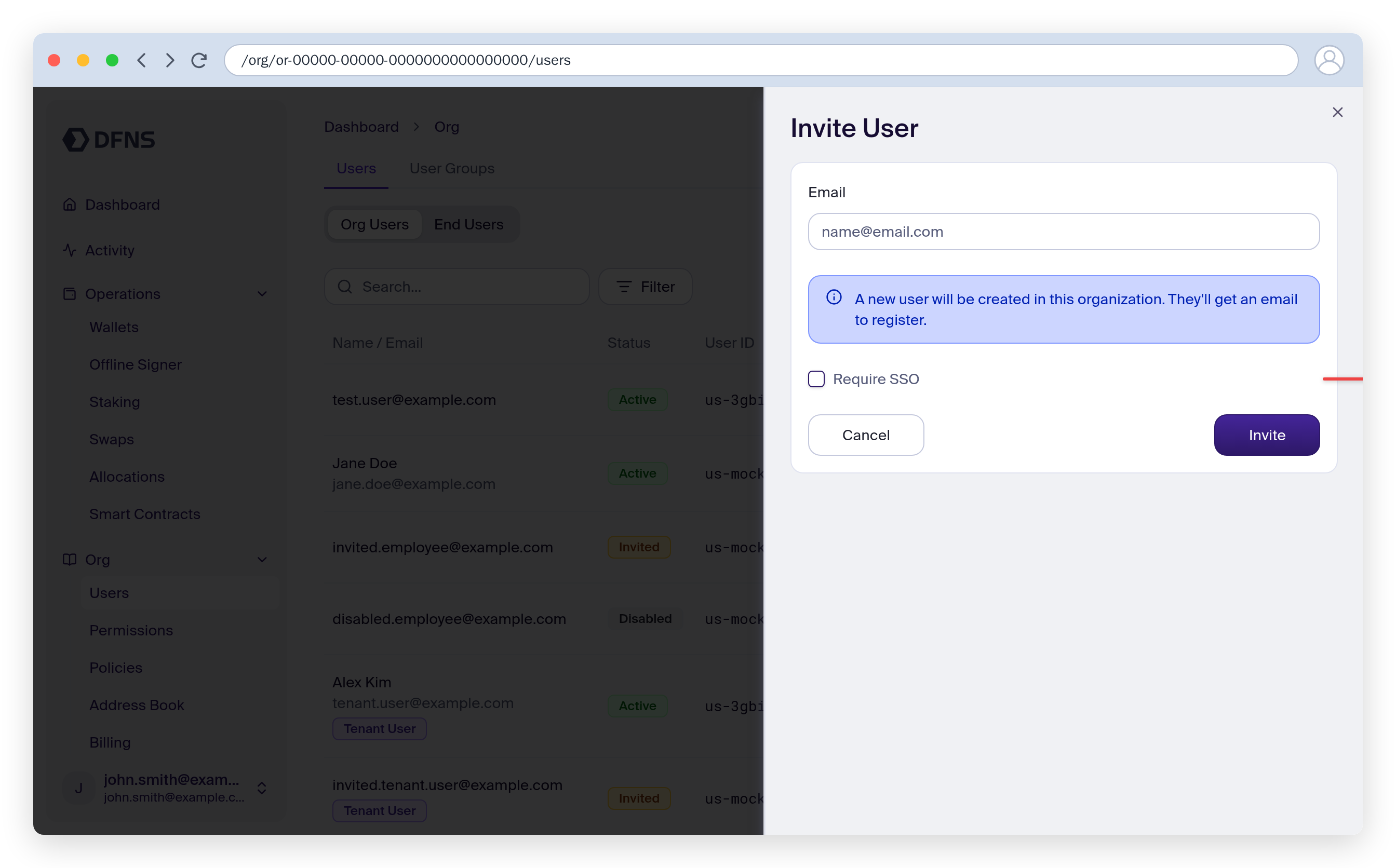 Invite user form with the Require SSO checkbox highlighted