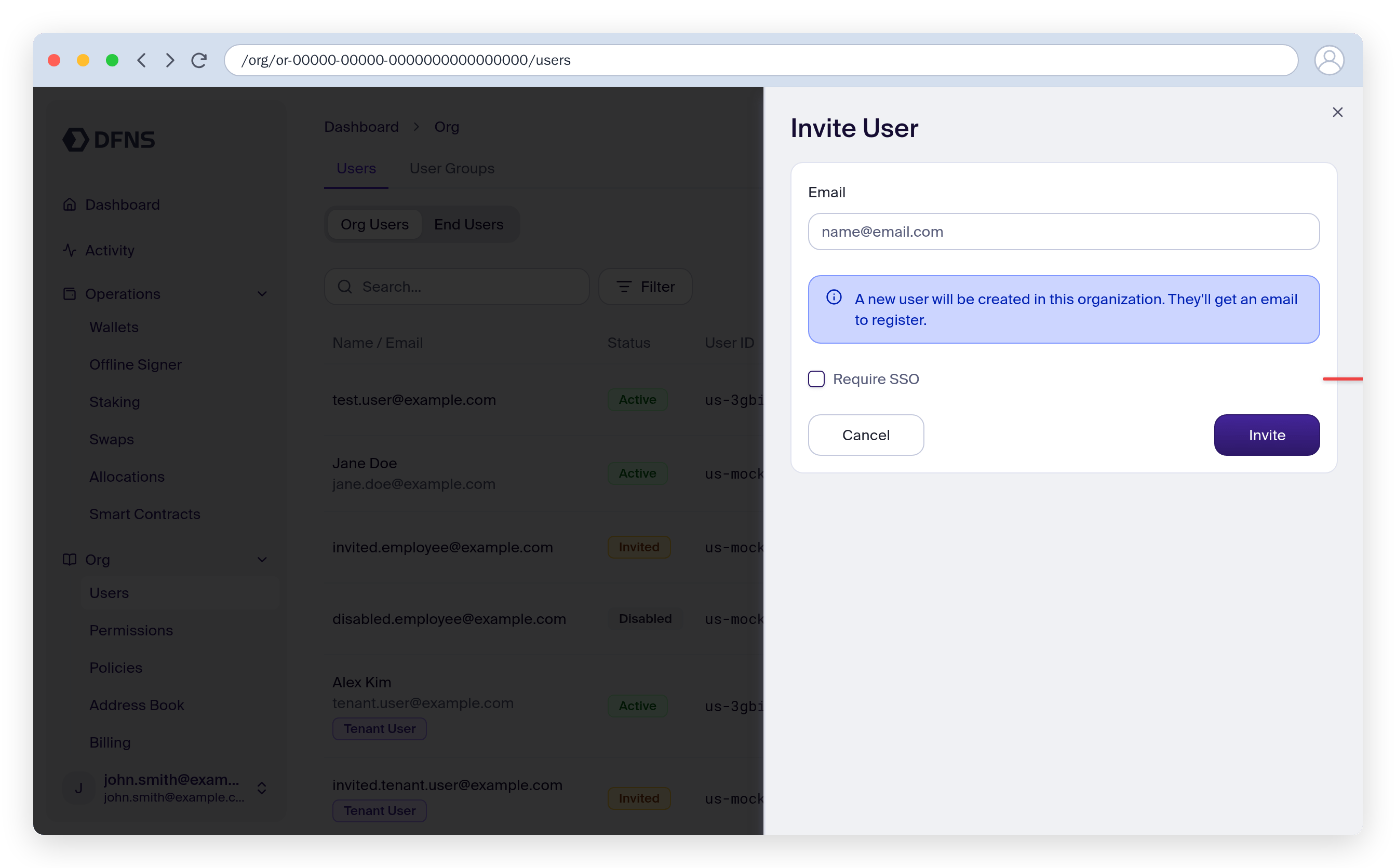 Invite user form with the Require SSO checkbox highlighted
