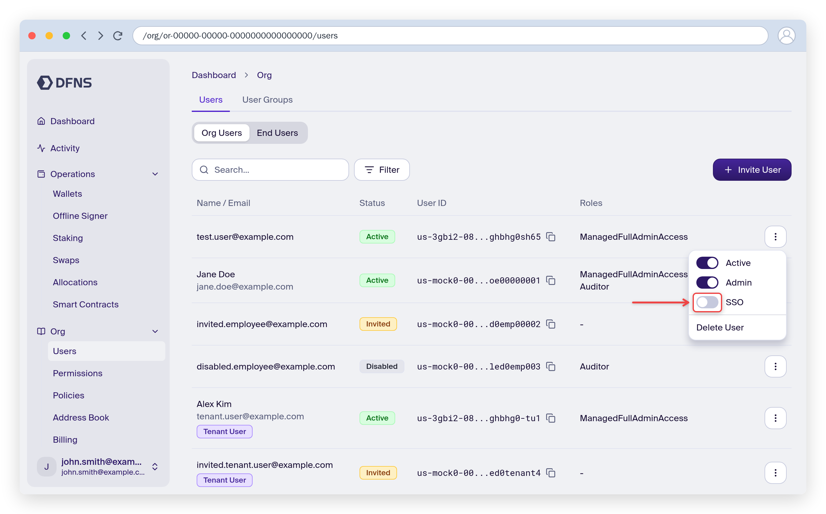 User action menu with the SSO toggle highlighted