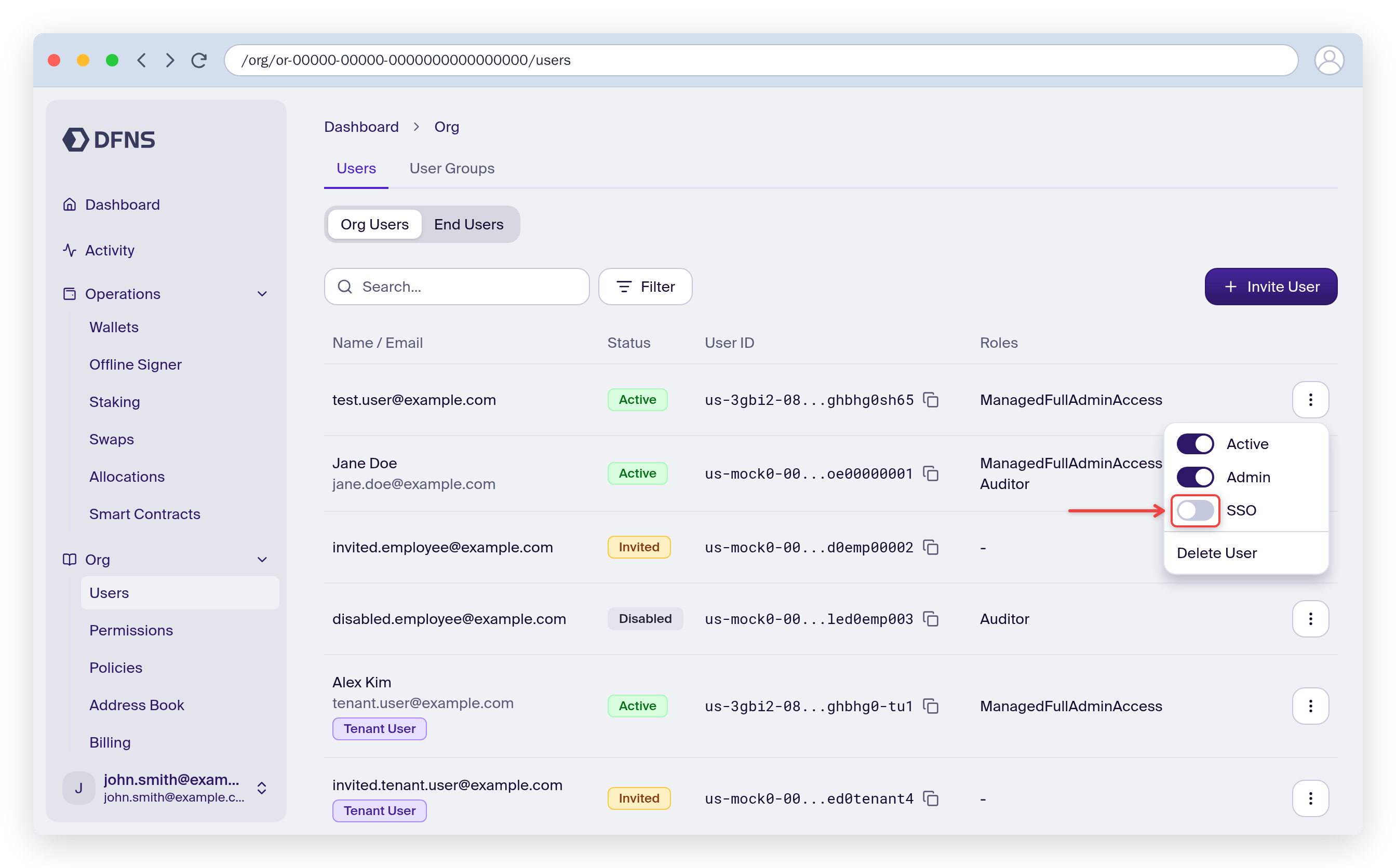 User action menu with the SSO toggle highlighted
