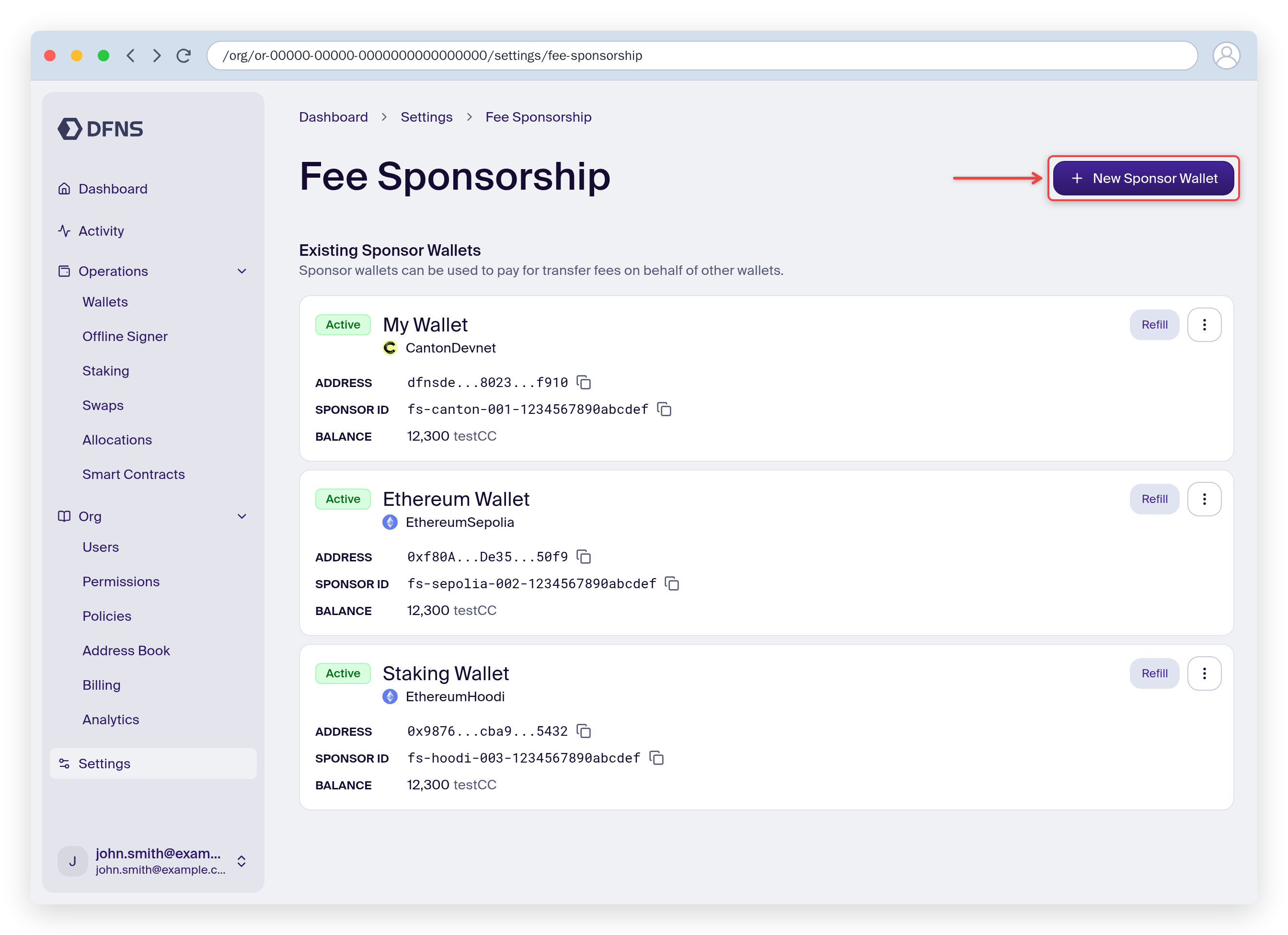 Fee sponsor wallets list with the New Sponsor Wallet button highlighted