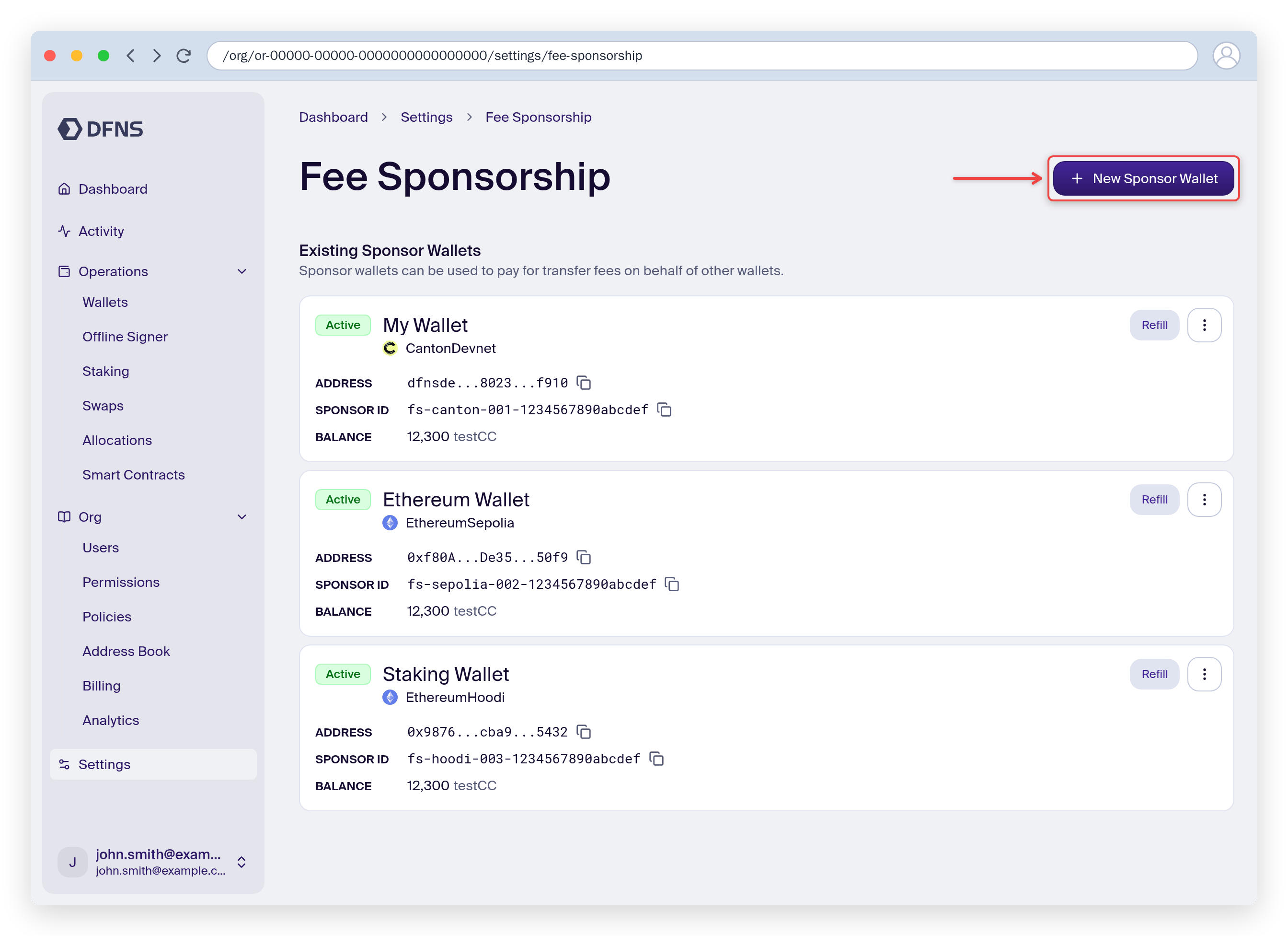 Fee sponsor wallets list with the New Sponsor Wallet button highlighted
