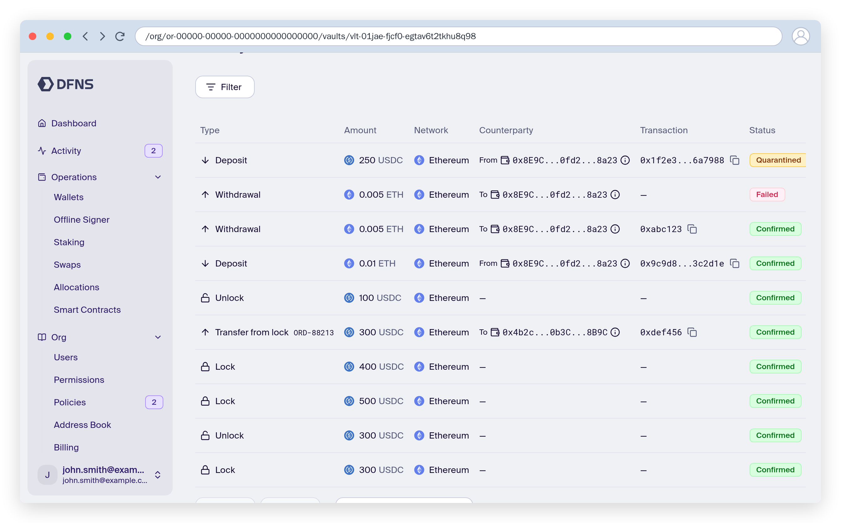 Vault history section listing deposits, withdrawals, and lock events with their statuses