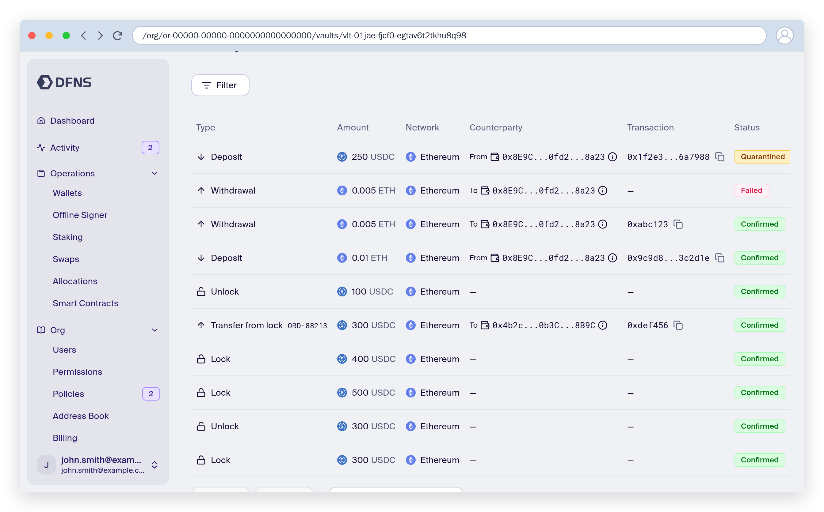 Vault history section listing deposits, withdrawals, and lock events with their statuses