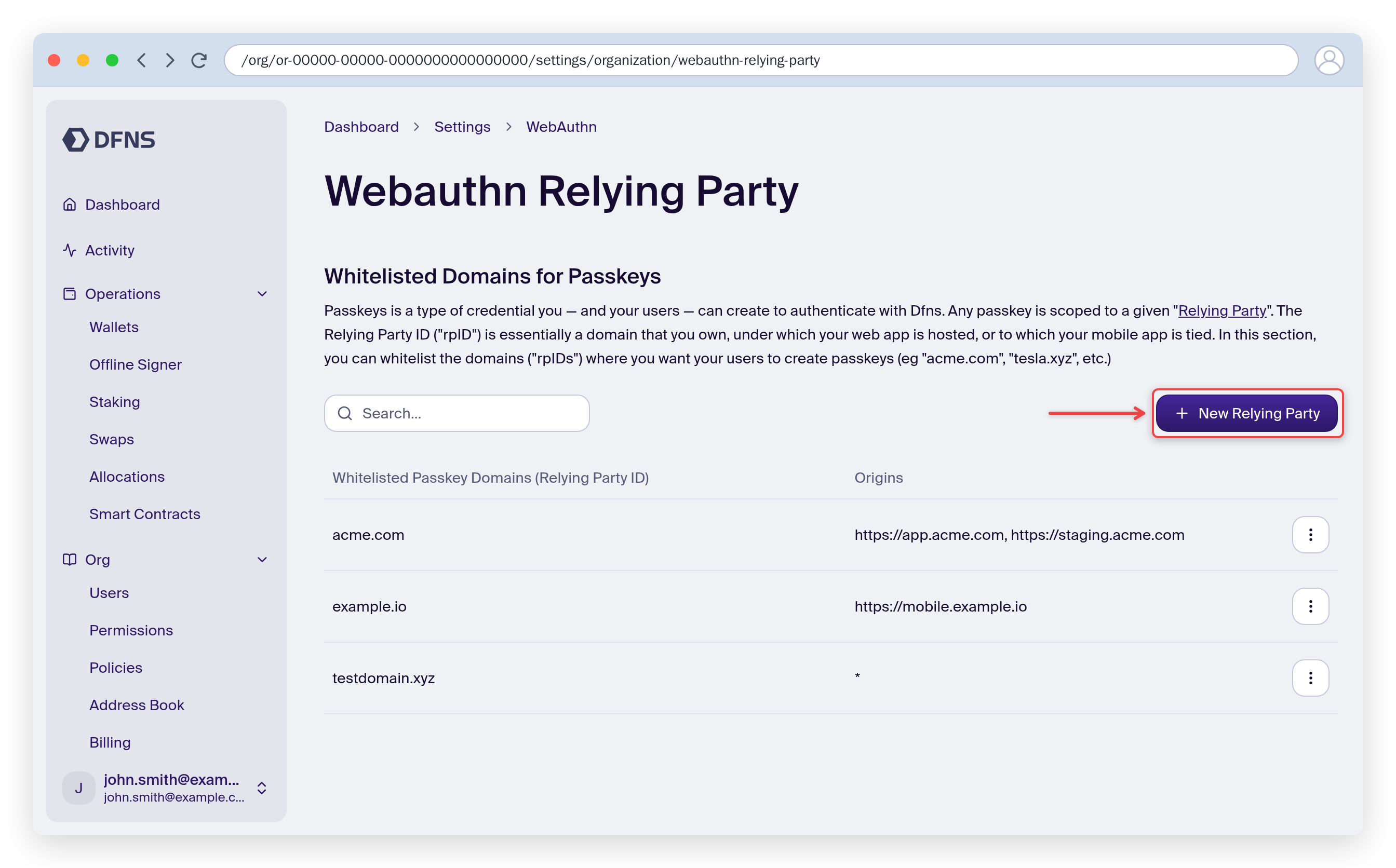 Webauthn Relying Party page listing whitelisted passkey domains and their origins