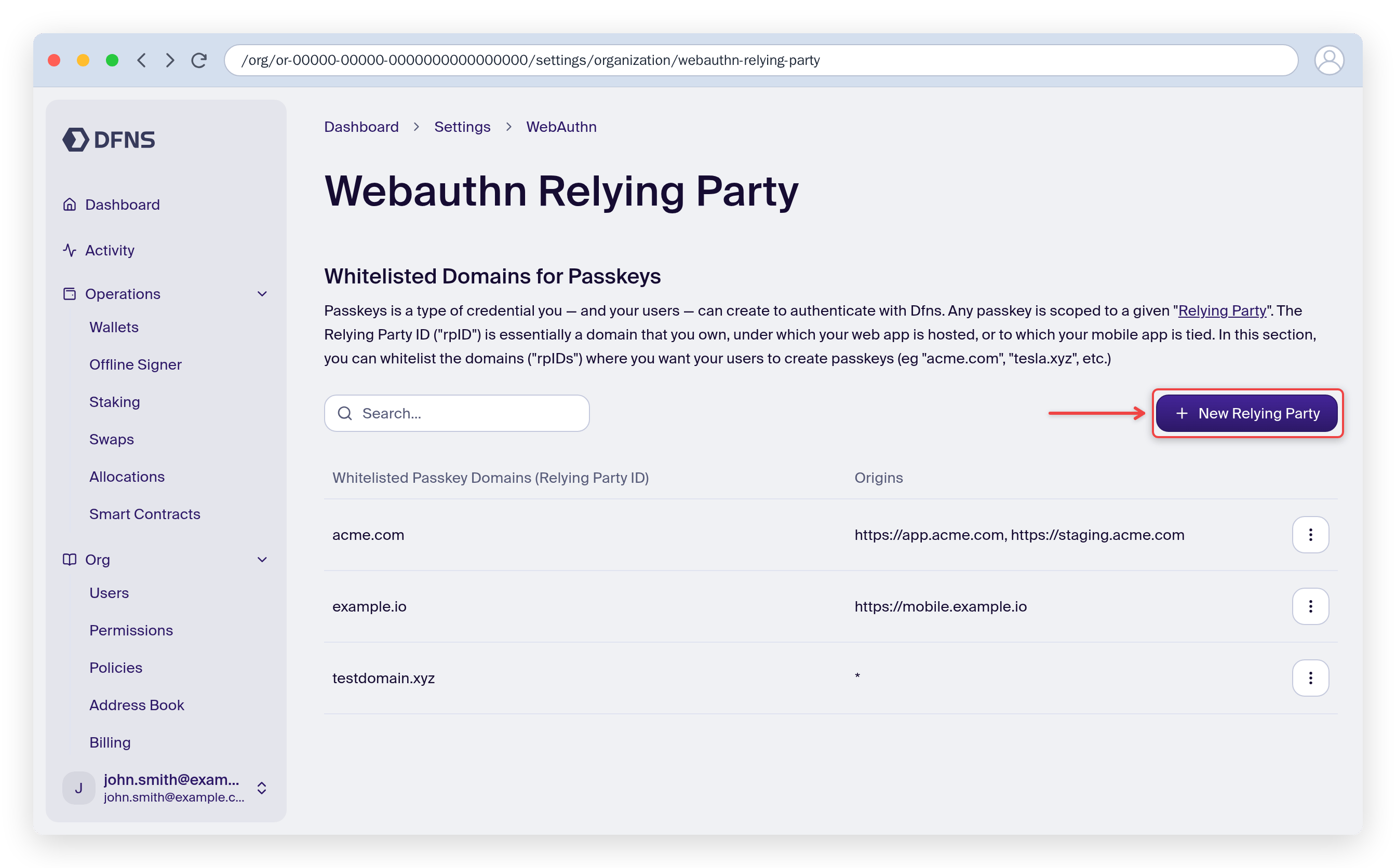 Webauthn Relying Party page listing whitelisted passkey domains and their origins