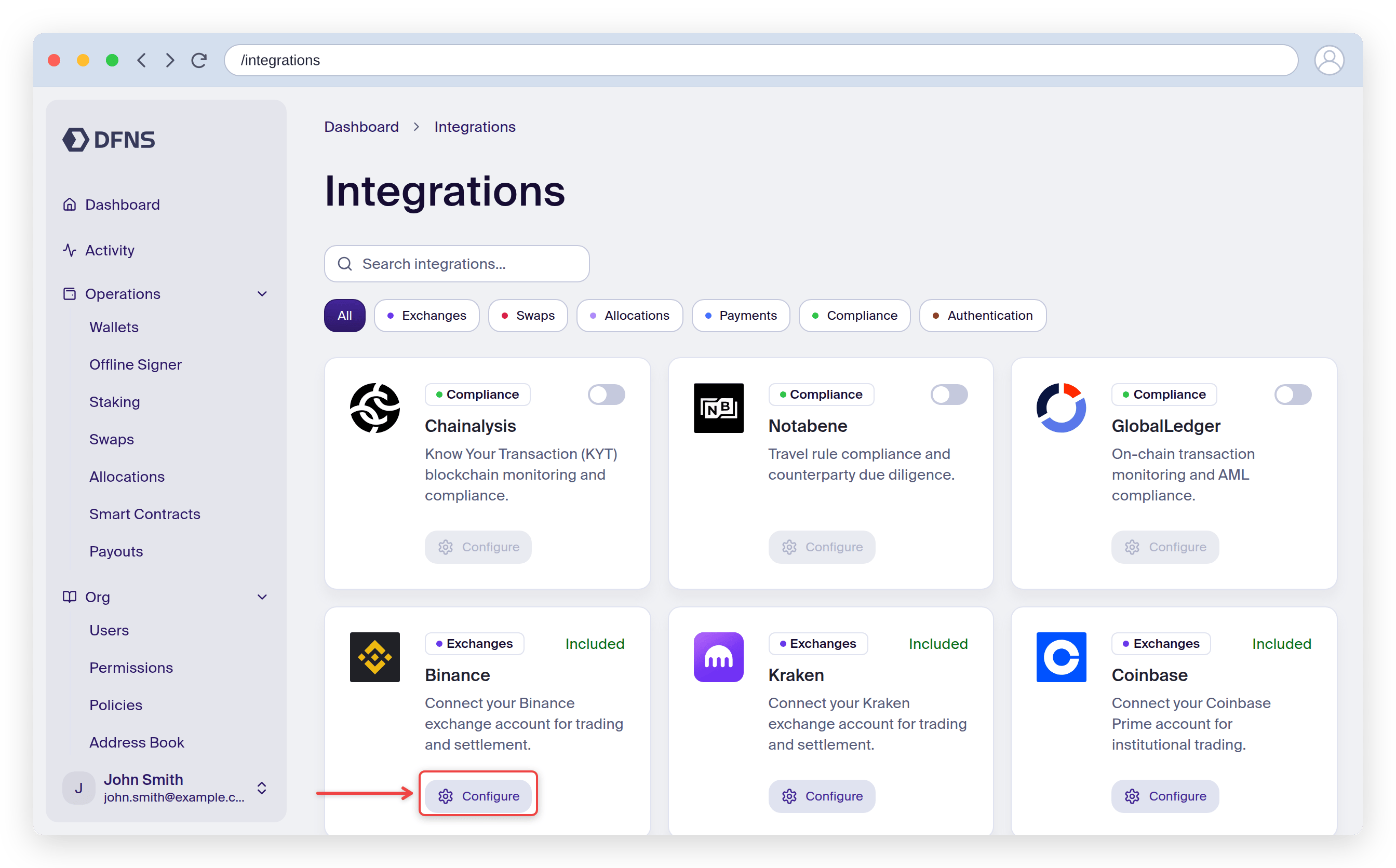 Integrations page with the Configure button on an exchange card highlighted