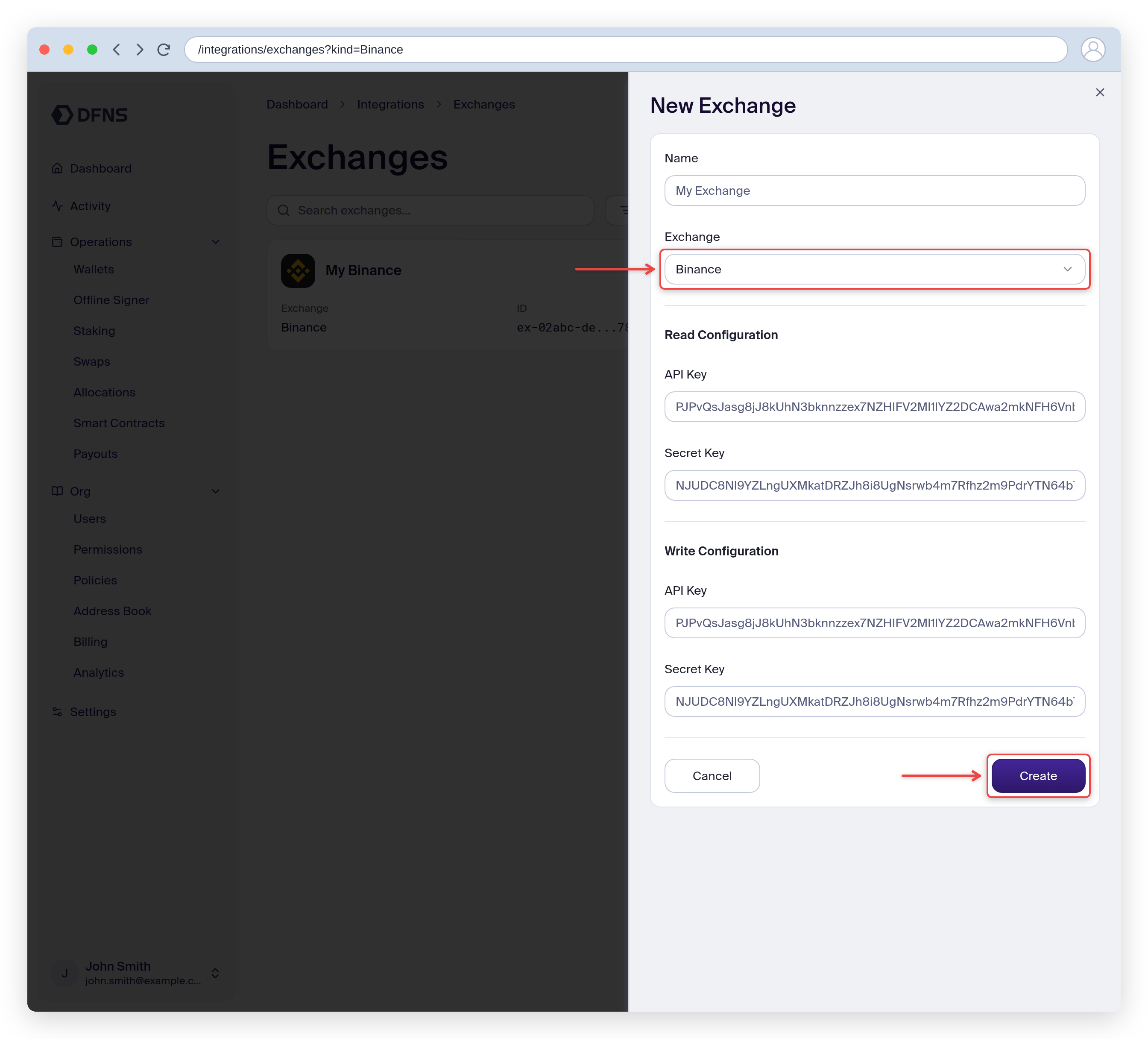 New Exchange form with the exchange selector and Create button highlighted
