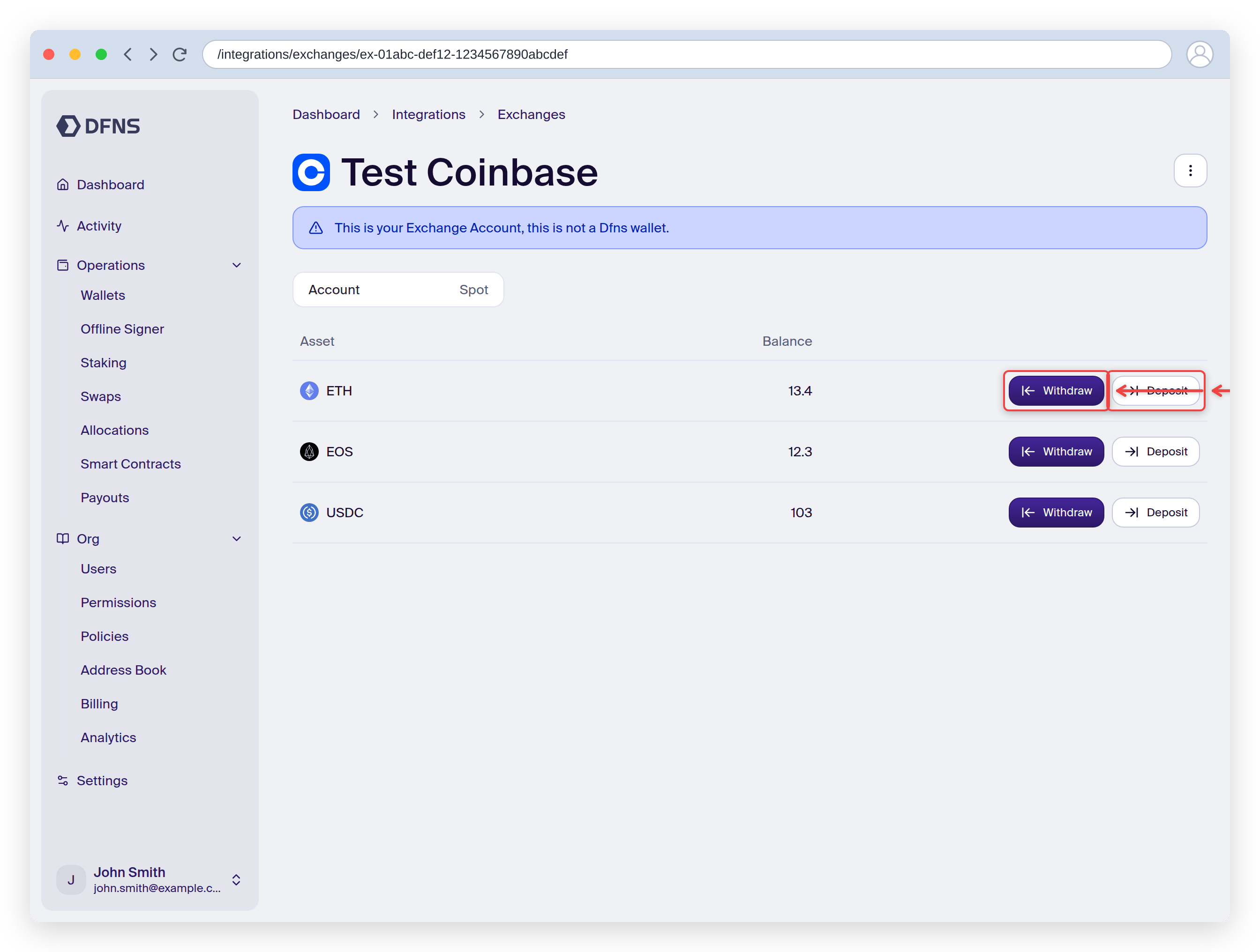 Connected exchange account showing per-asset Deposit and Withdraw buttons