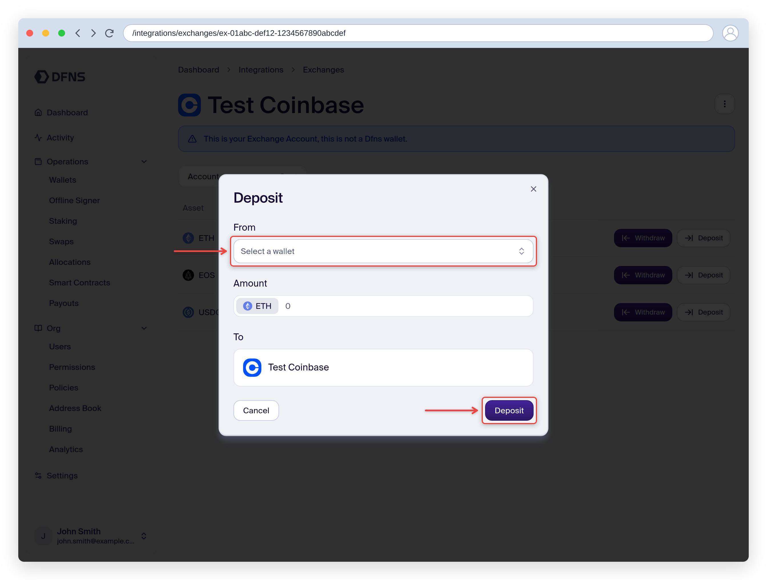 Deposit dialog selecting the source DFNS wallet and amount