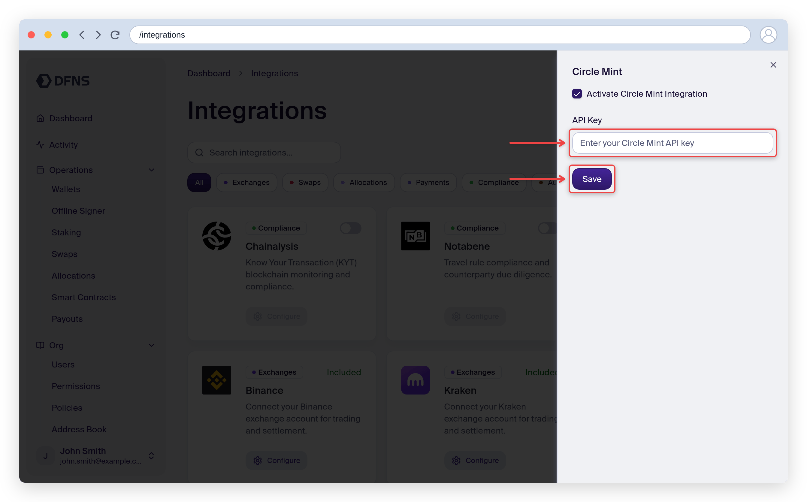 Circle Mint integration Configure form with the Activate checkbox, API Key field, and Save button