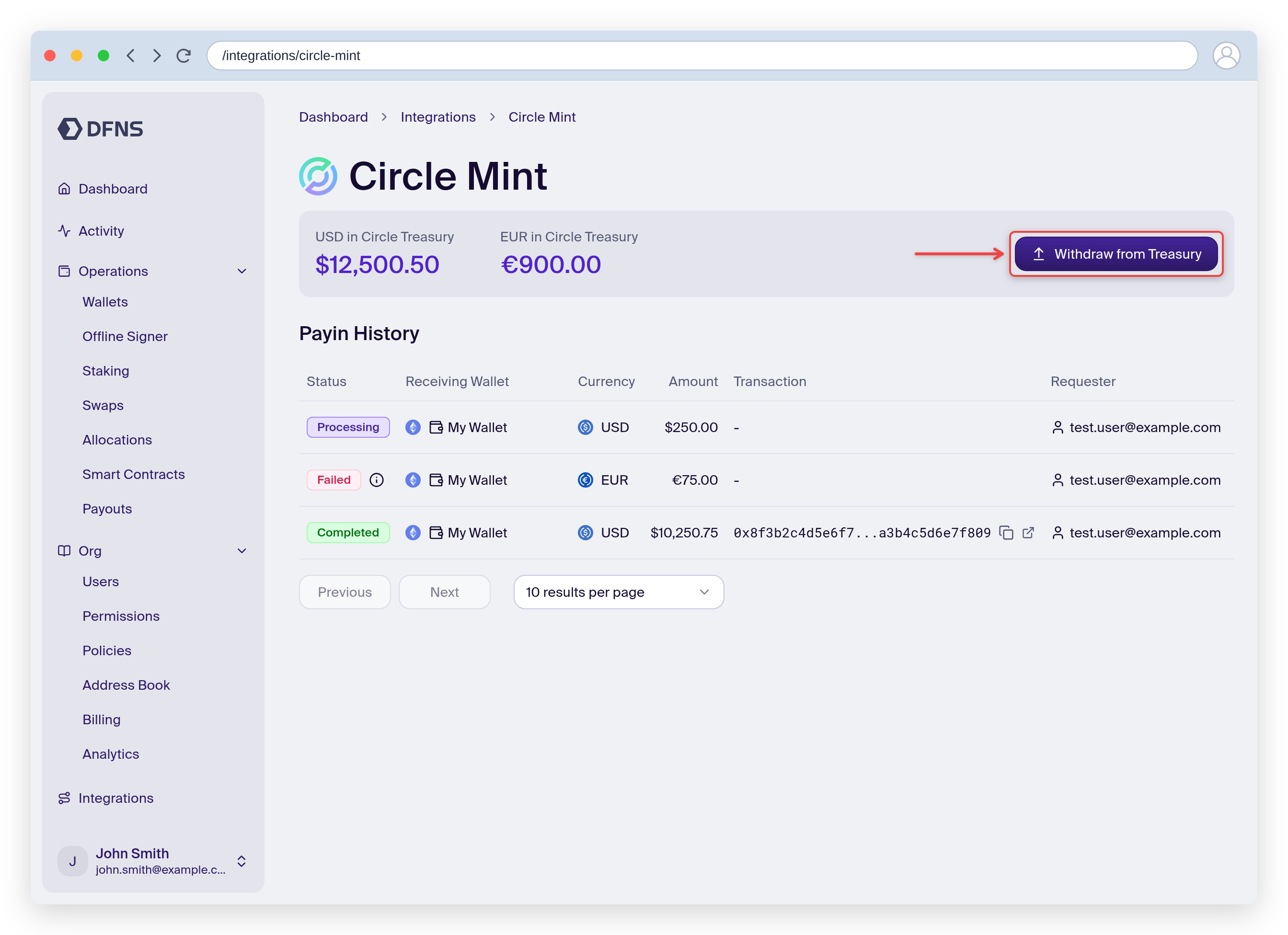 Circle Mint page with treasury balances, the Withdraw from Treasury button, and the payin history table