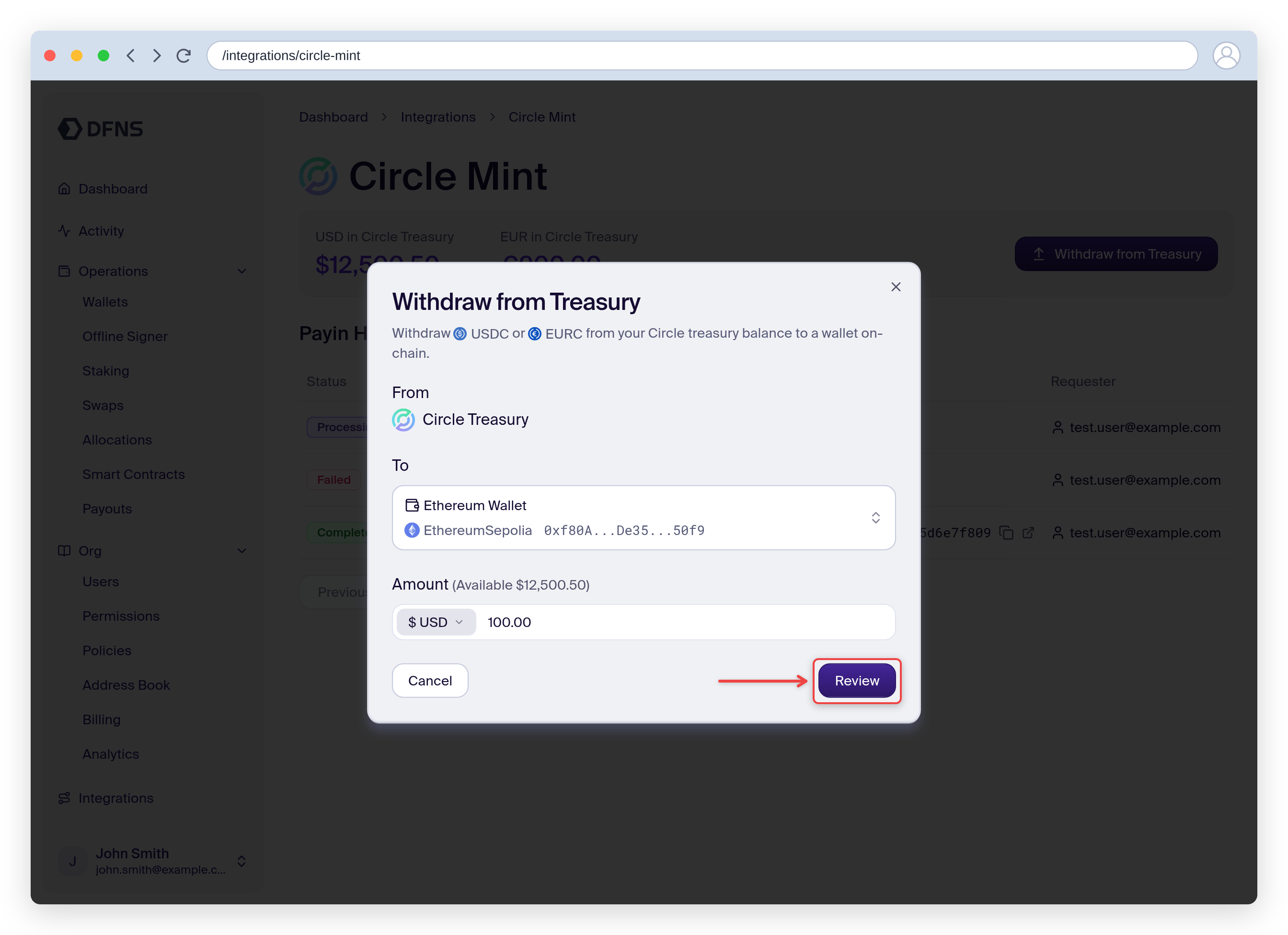 Withdraw from Treasury form with the destination wallet, amount, currency, and Review button