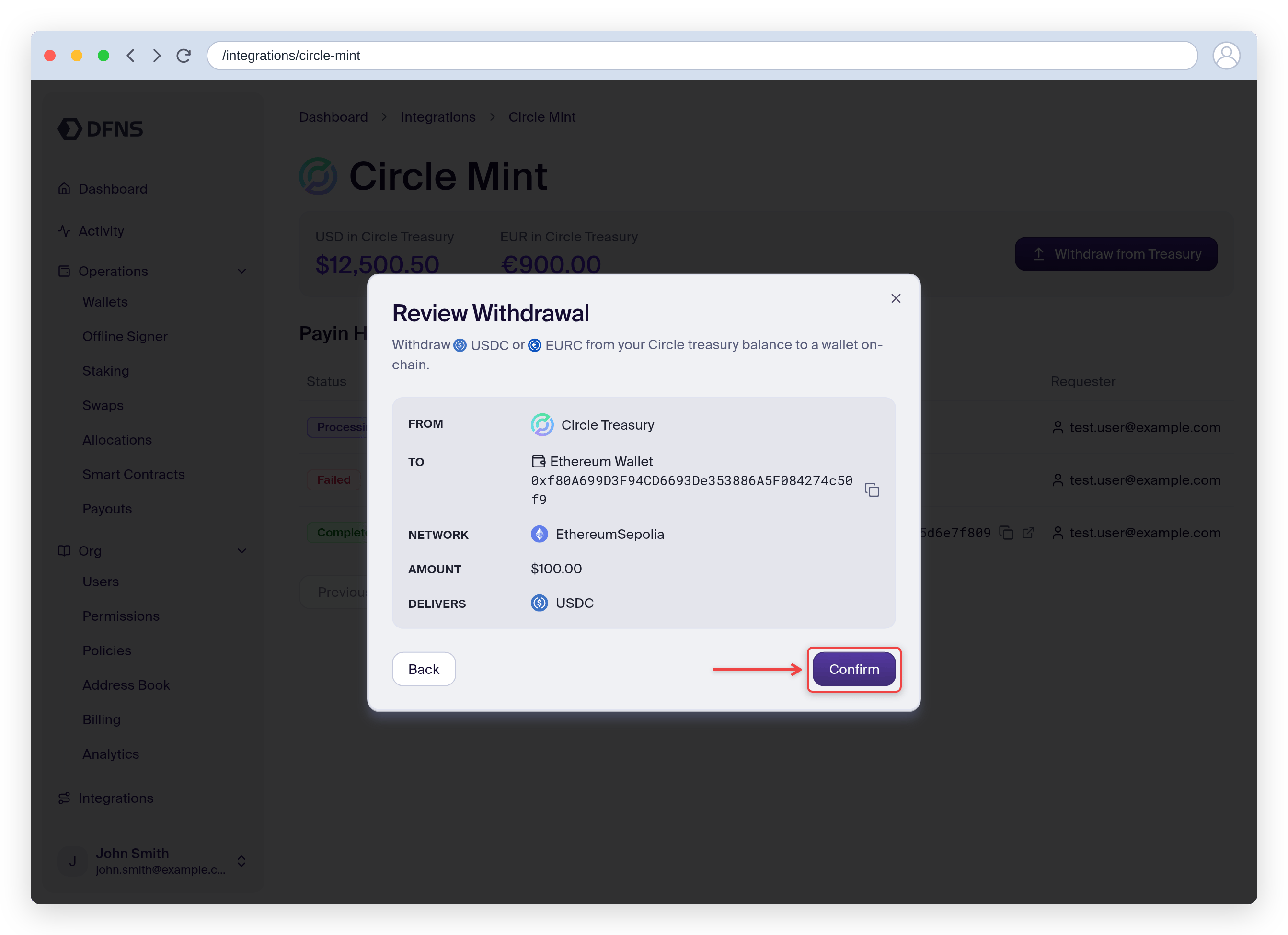 Review Withdrawal summary showing the source, destination wallet, network, amount, and delivered token, with the Confirm button