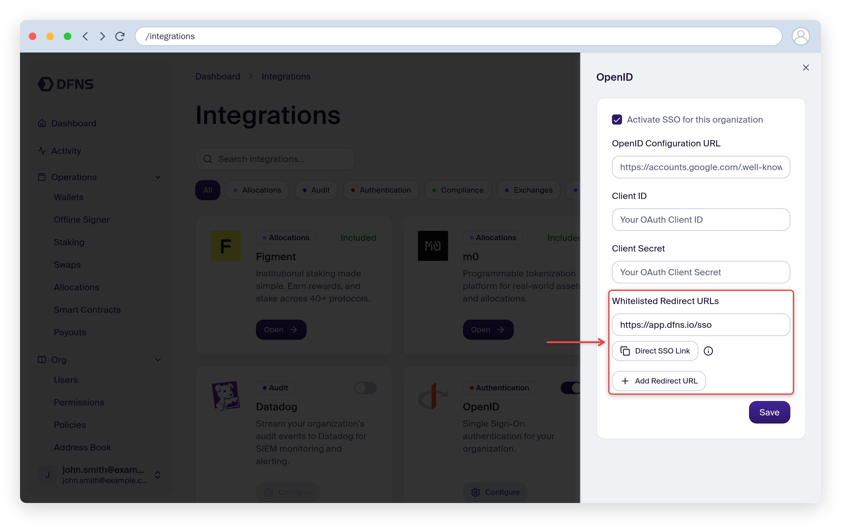 SSO configuration with Activate SSO checked and the Redirect URL highlighted