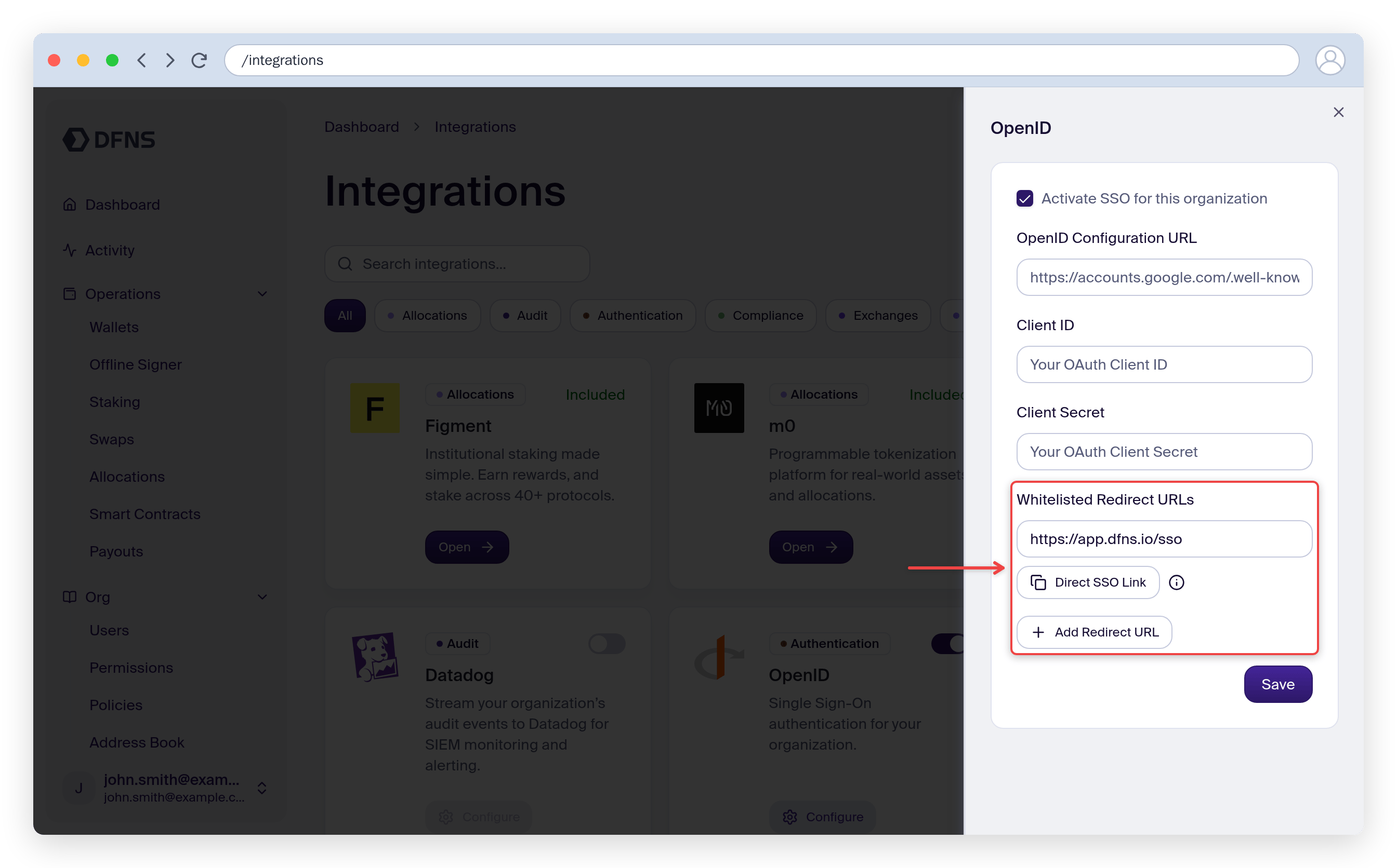 SSO configuration with Activate SSO checked and the Redirect URL highlighted