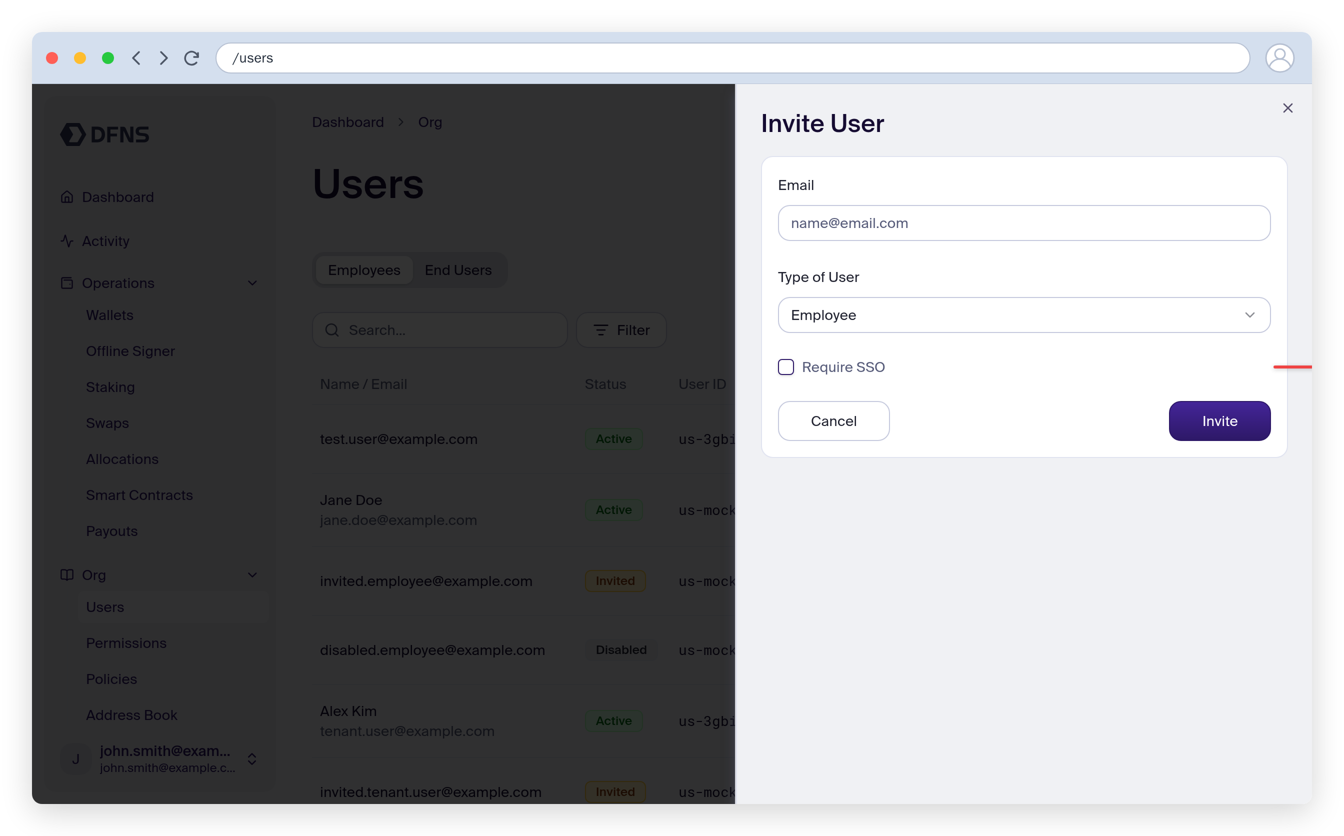 Invite user form with the Require SSO checkbox highlighted