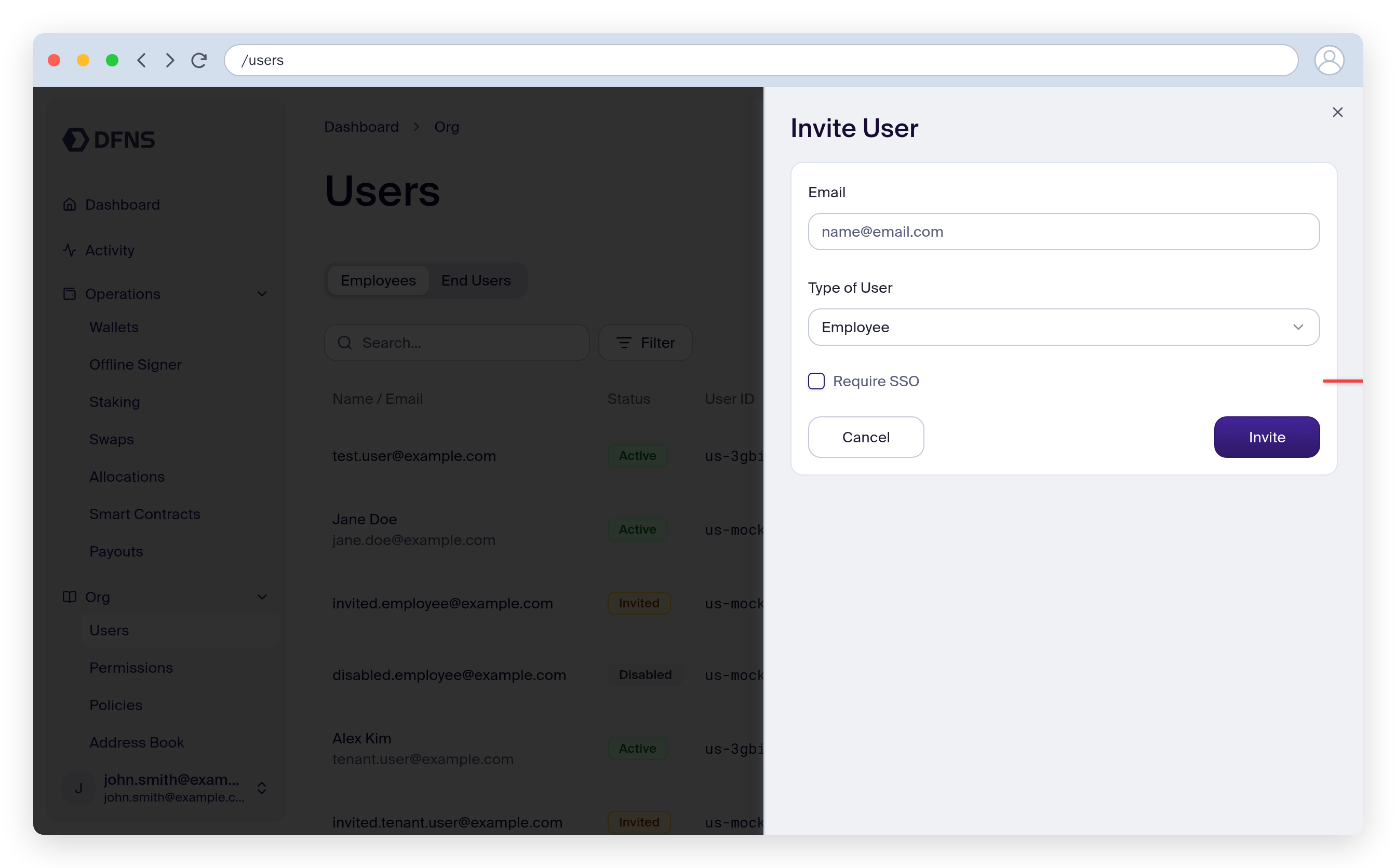 Invite user form with the Require SSO checkbox highlighted