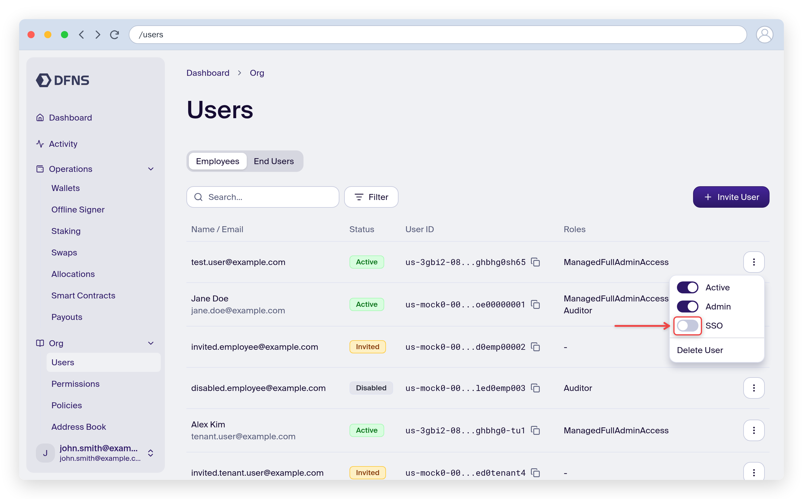 User action menu with the SSO toggle highlighted