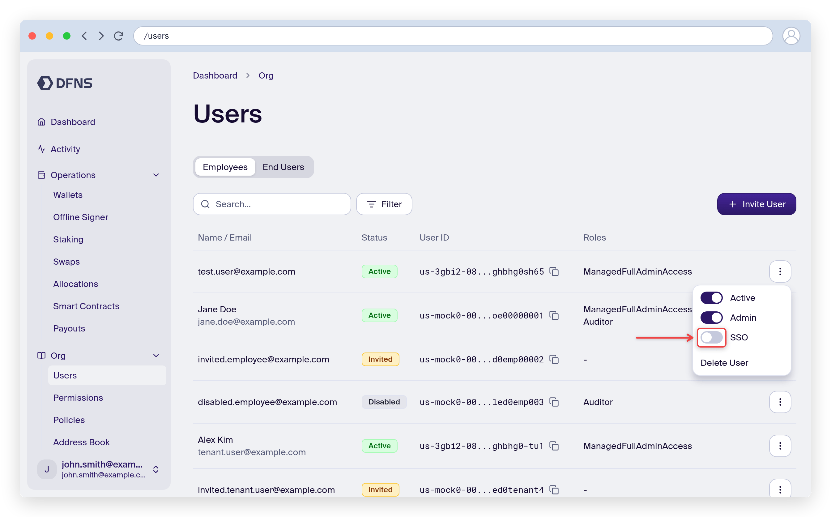 User action menu with the SSO toggle highlighted