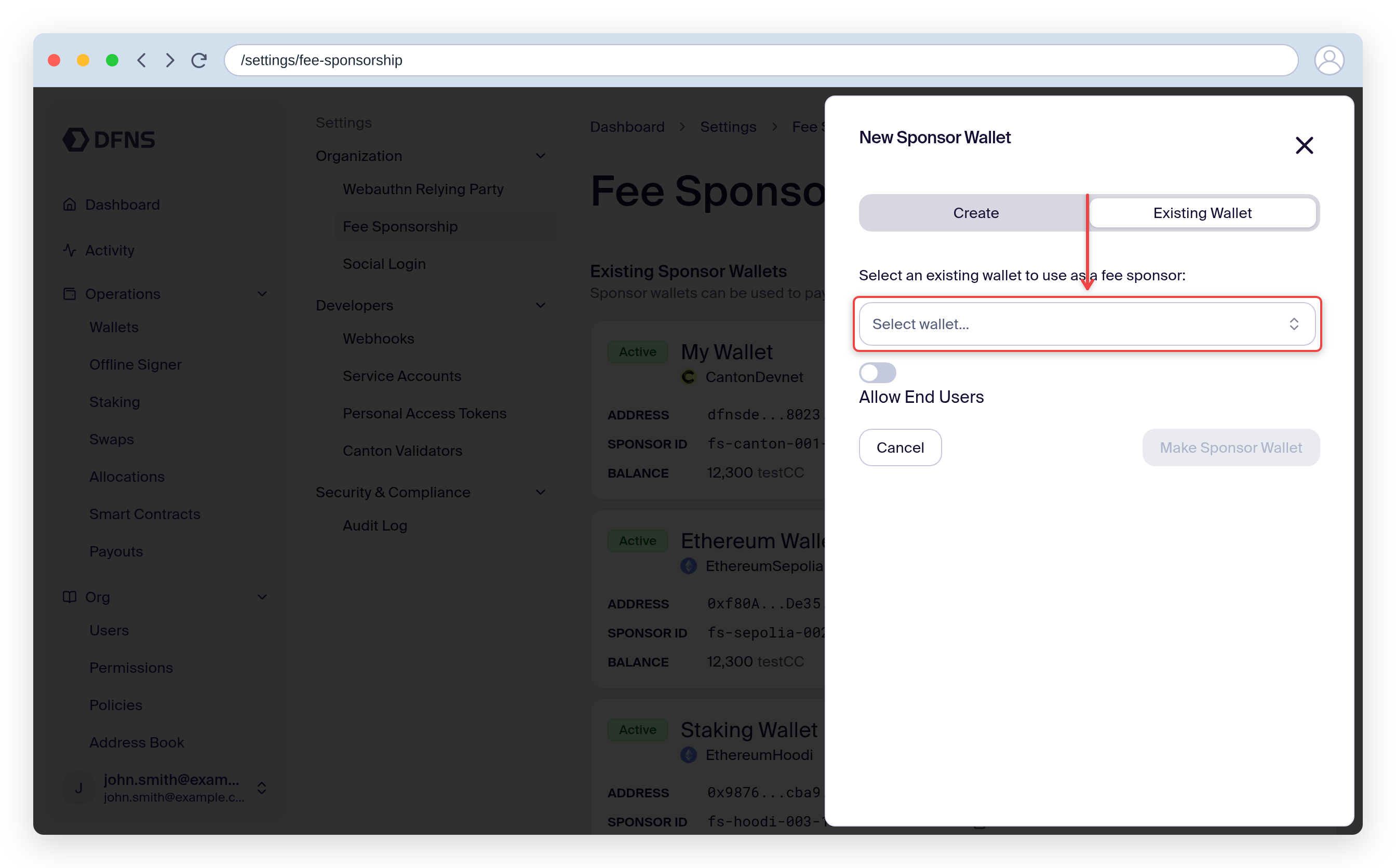 New sponsor wallet panel with the existing-wallet selector