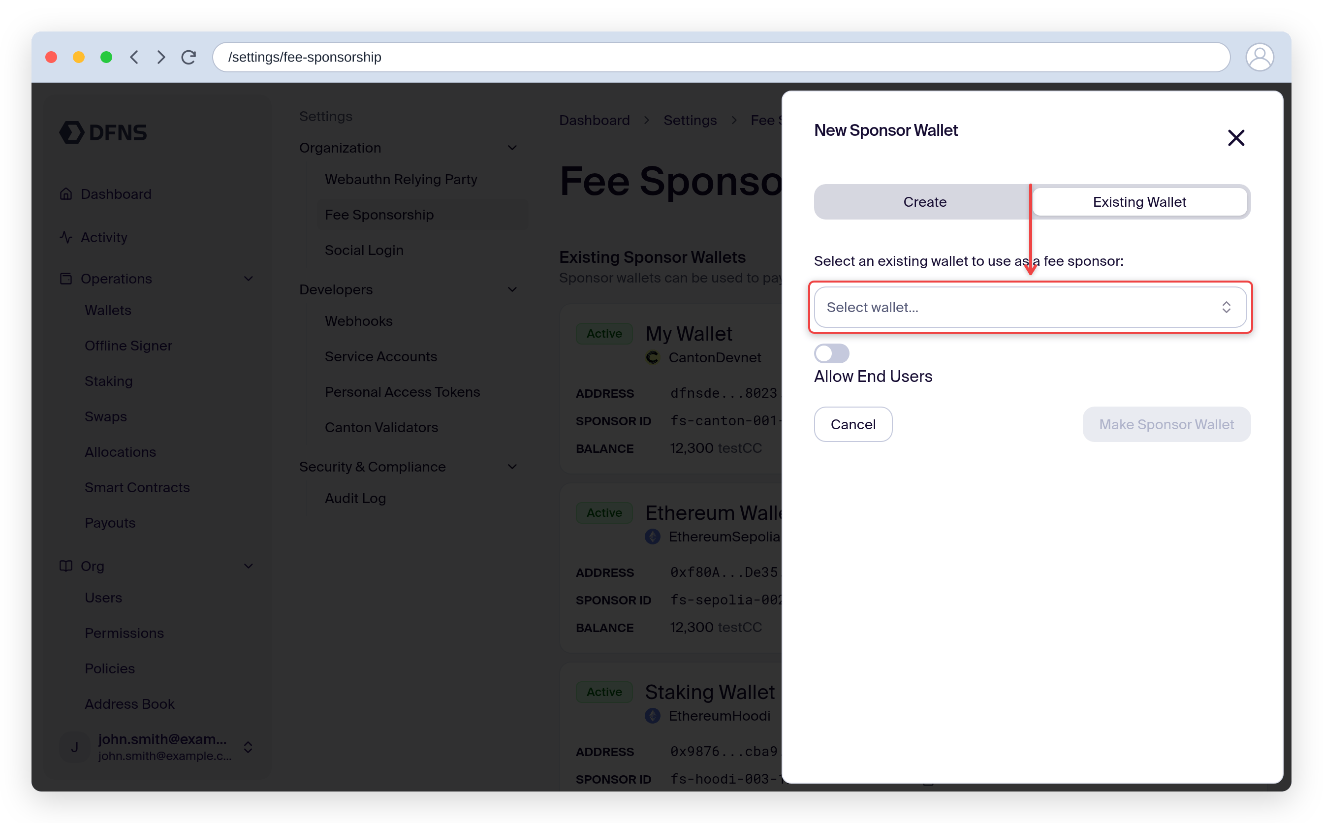 New sponsor wallet panel with the existing-wallet selector