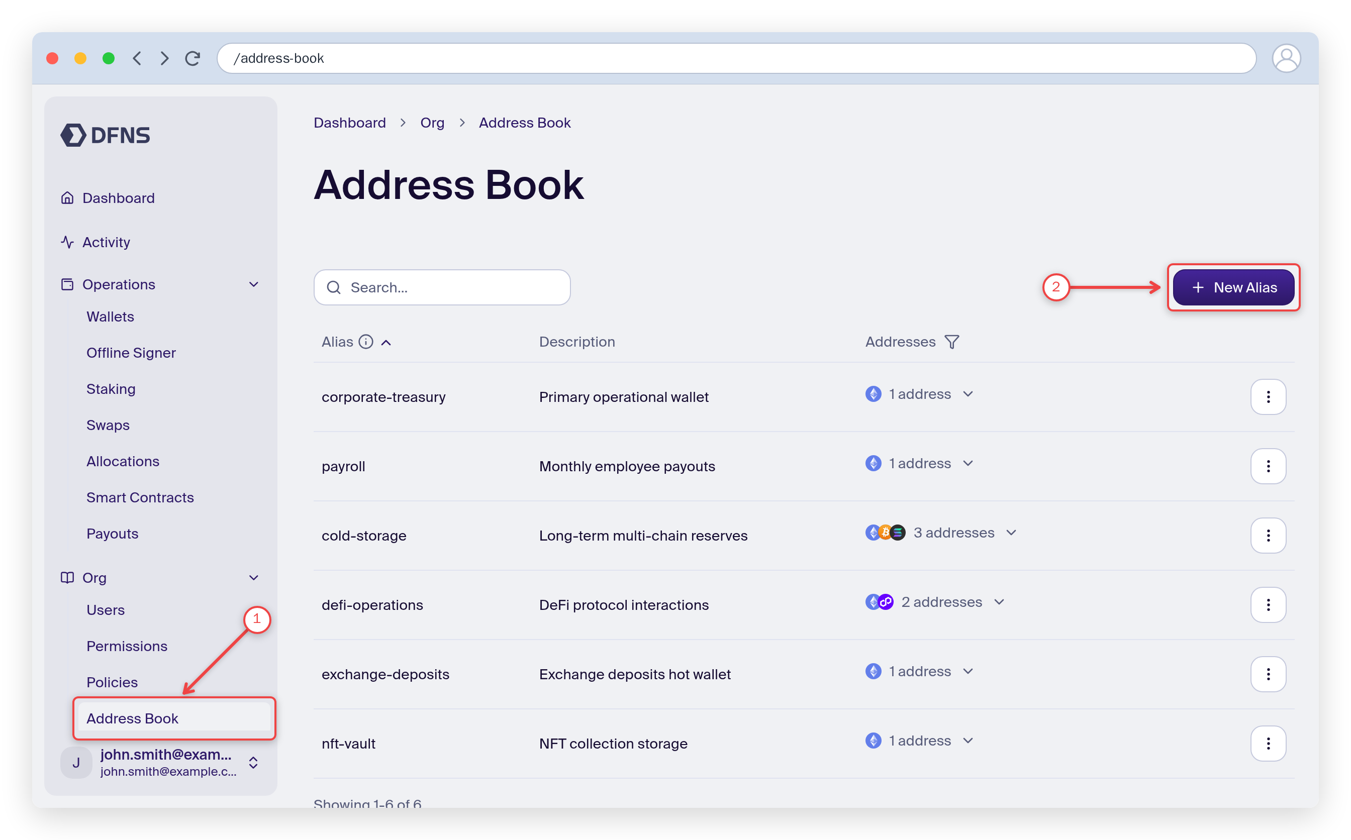 Address Book page with the sidebar entry and the Create Alias button highlighted
