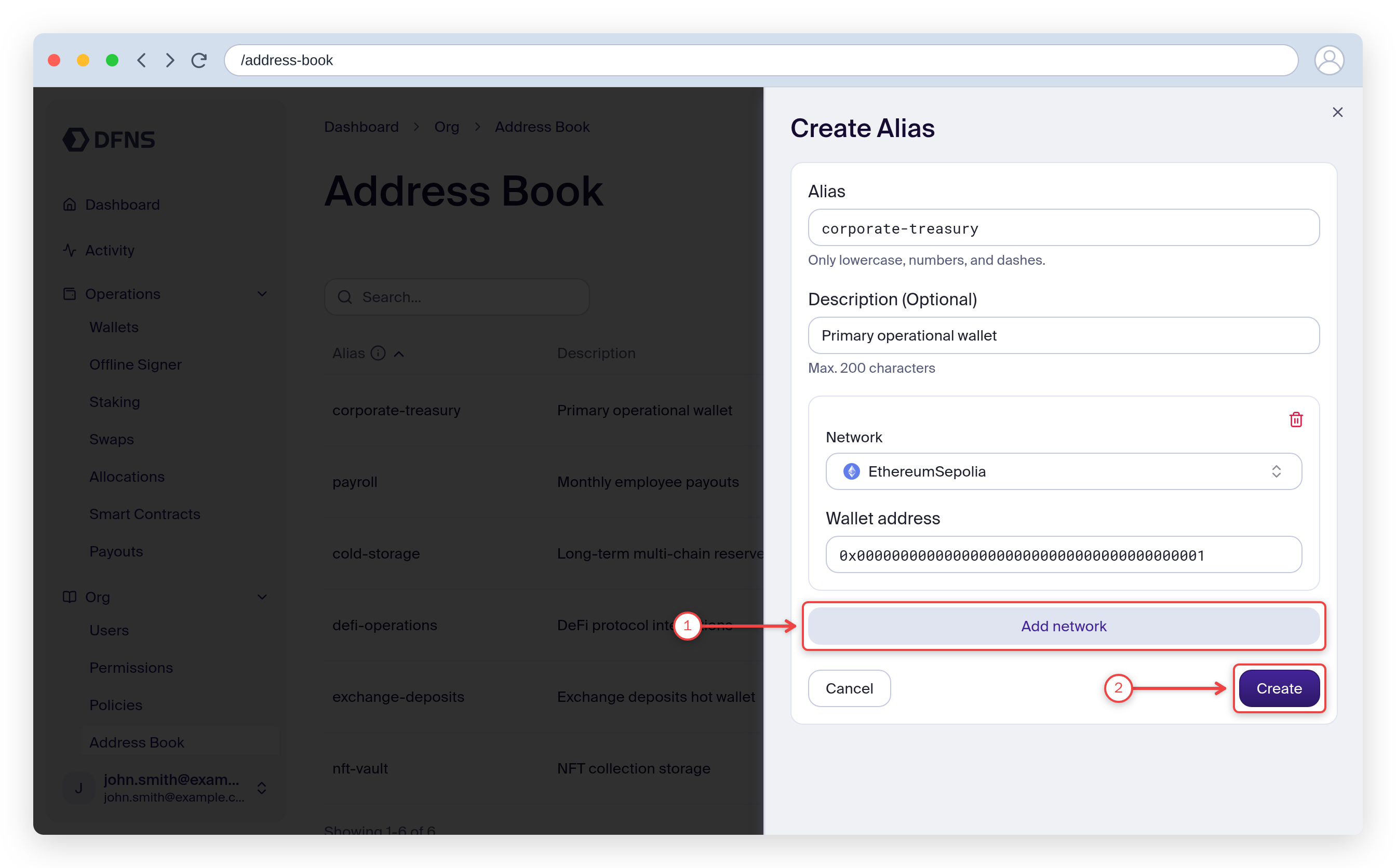 Create alias form with the Add network and Create buttons highlighted