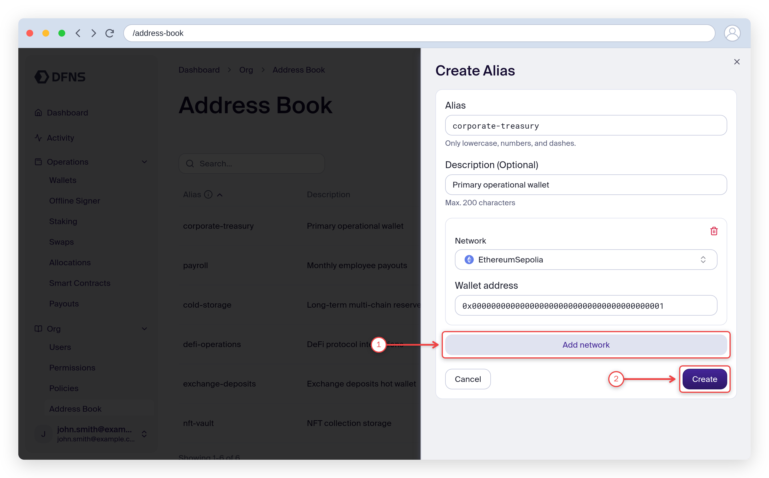 Create alias form with the Add network and Create buttons highlighted