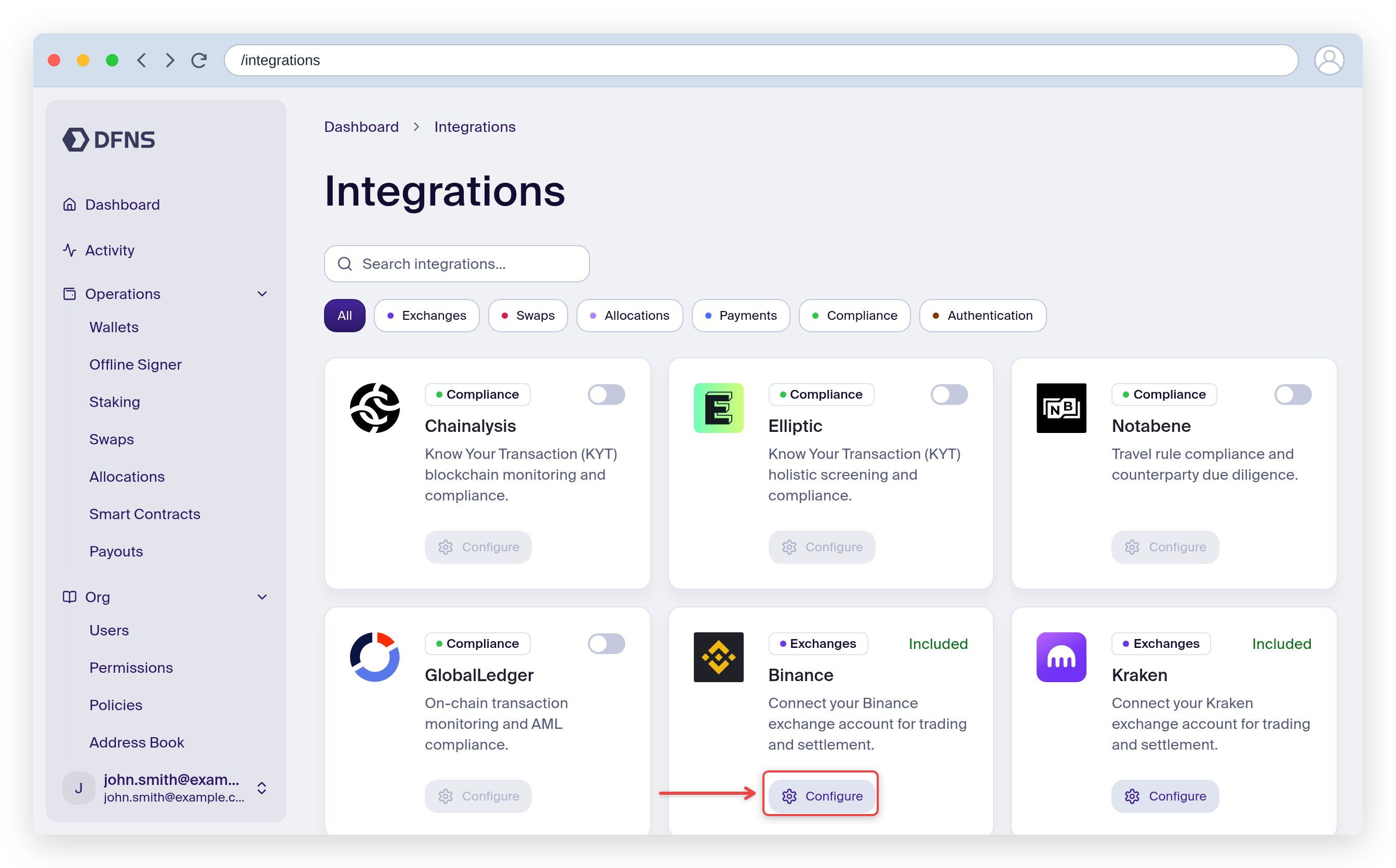 Integrations page with the Configure button on an exchange card highlighted