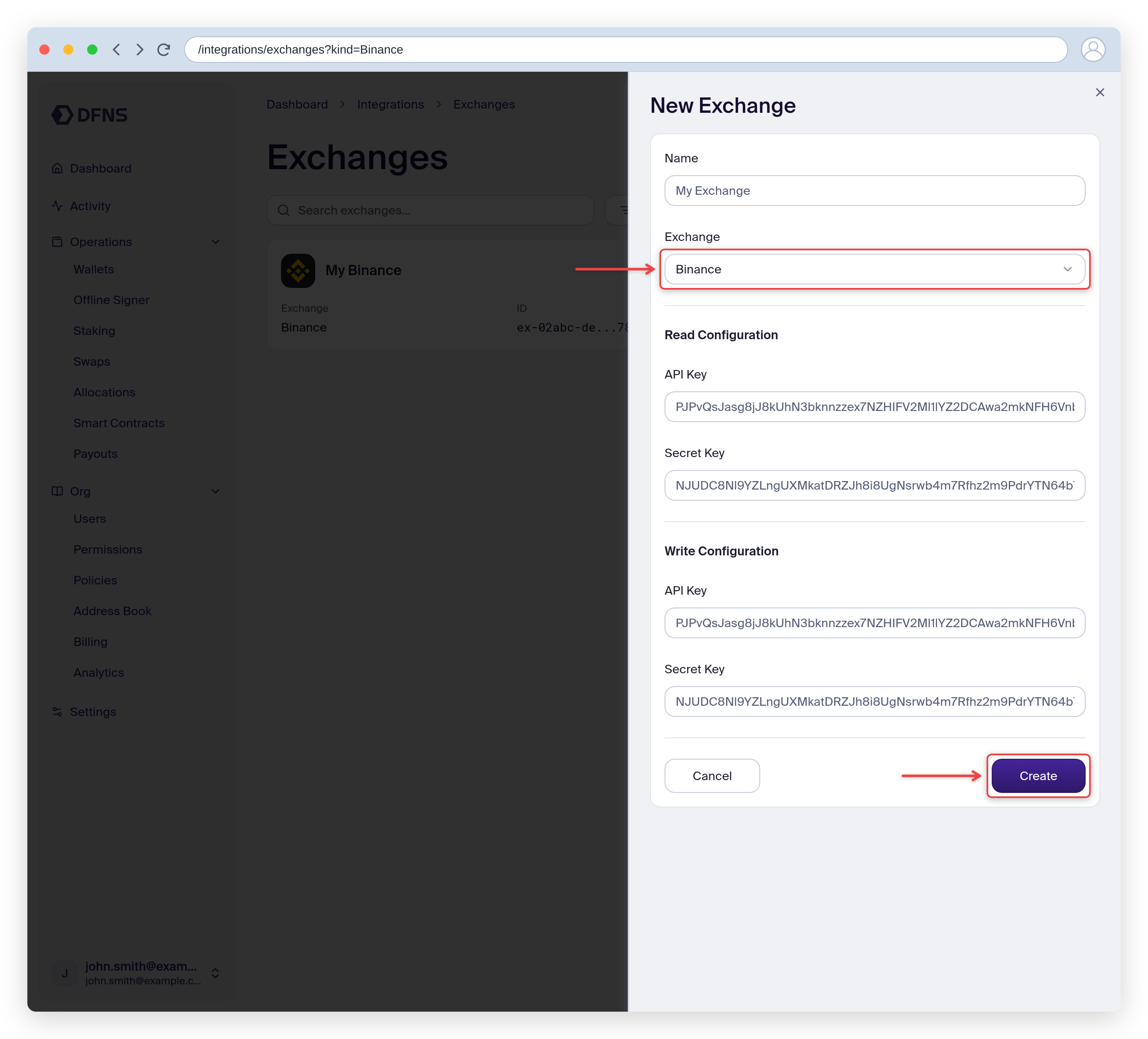 New Exchange form with the exchange selector and Create button highlighted