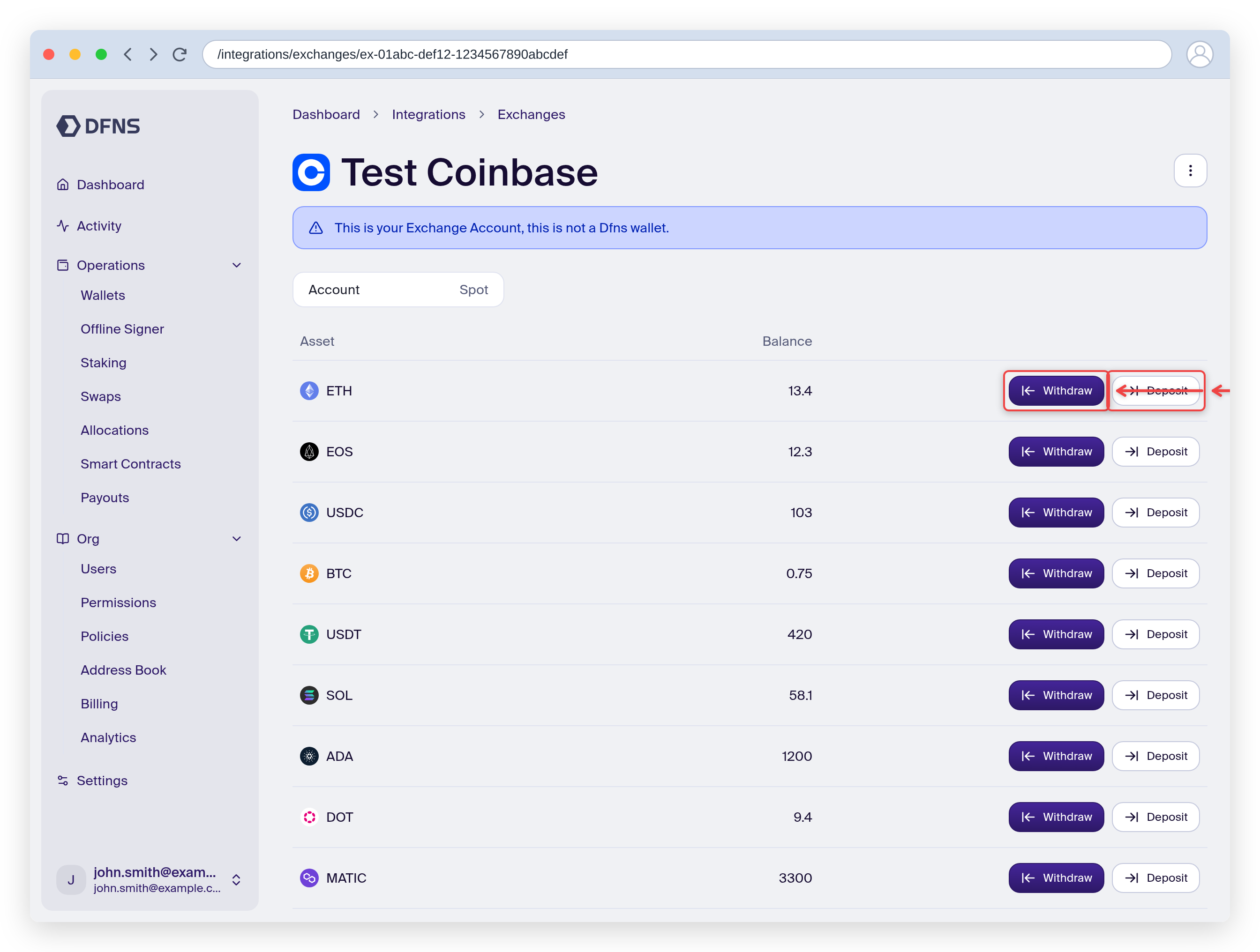 Connected exchange account showing per-asset Deposit and Withdraw buttons