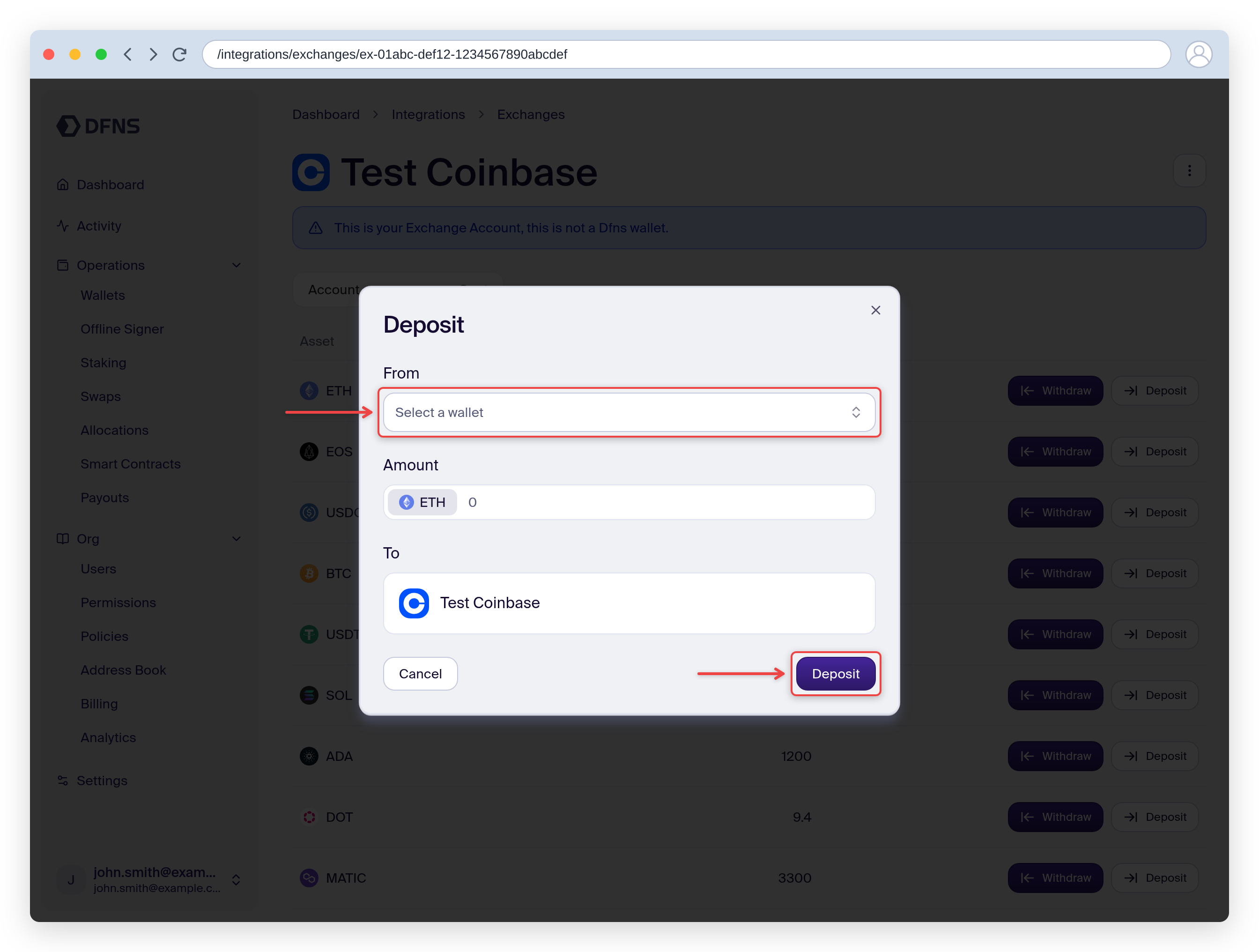Deposit dialog selecting the source DFNS wallet and amount