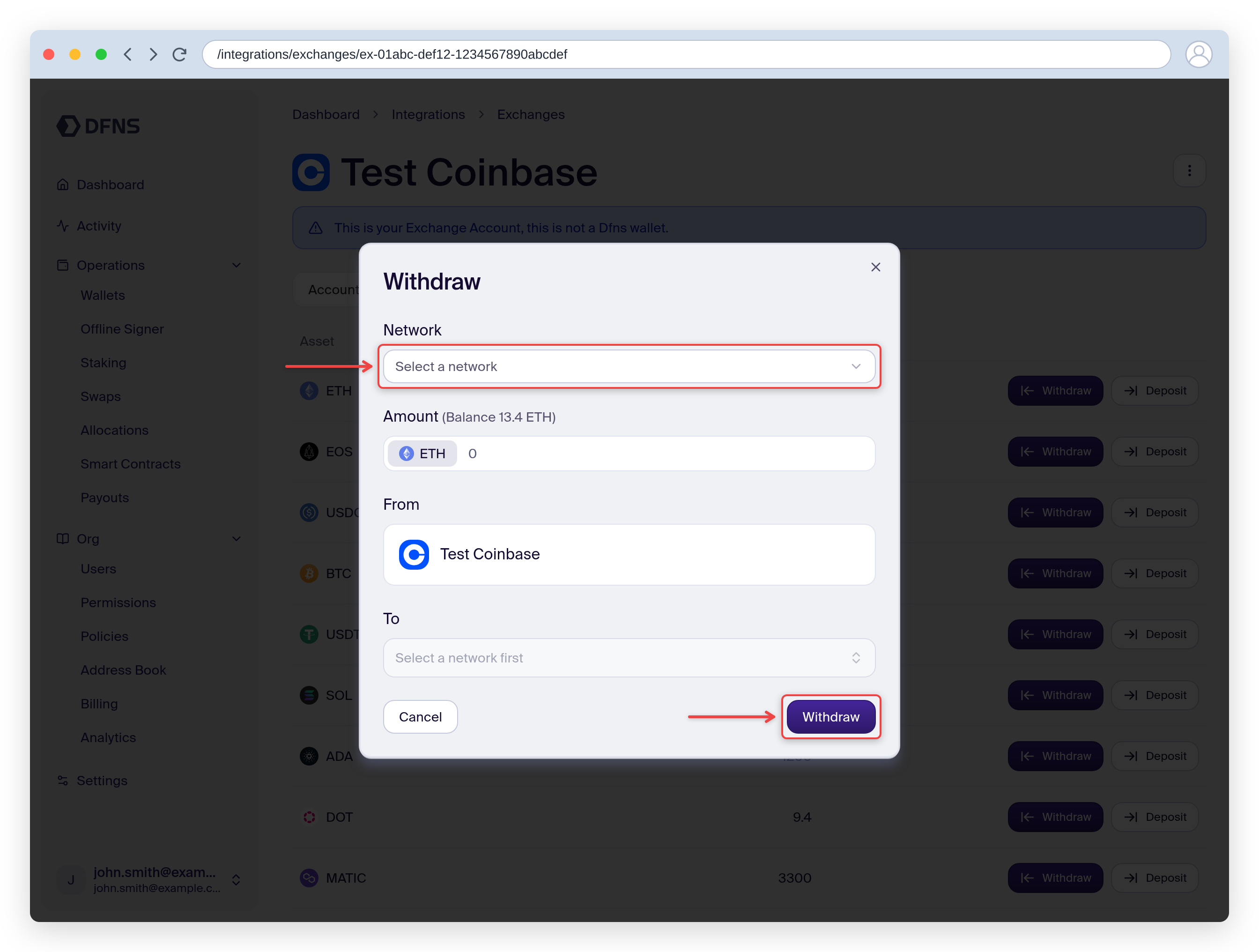Withdraw dialog selecting the network and destination wallet