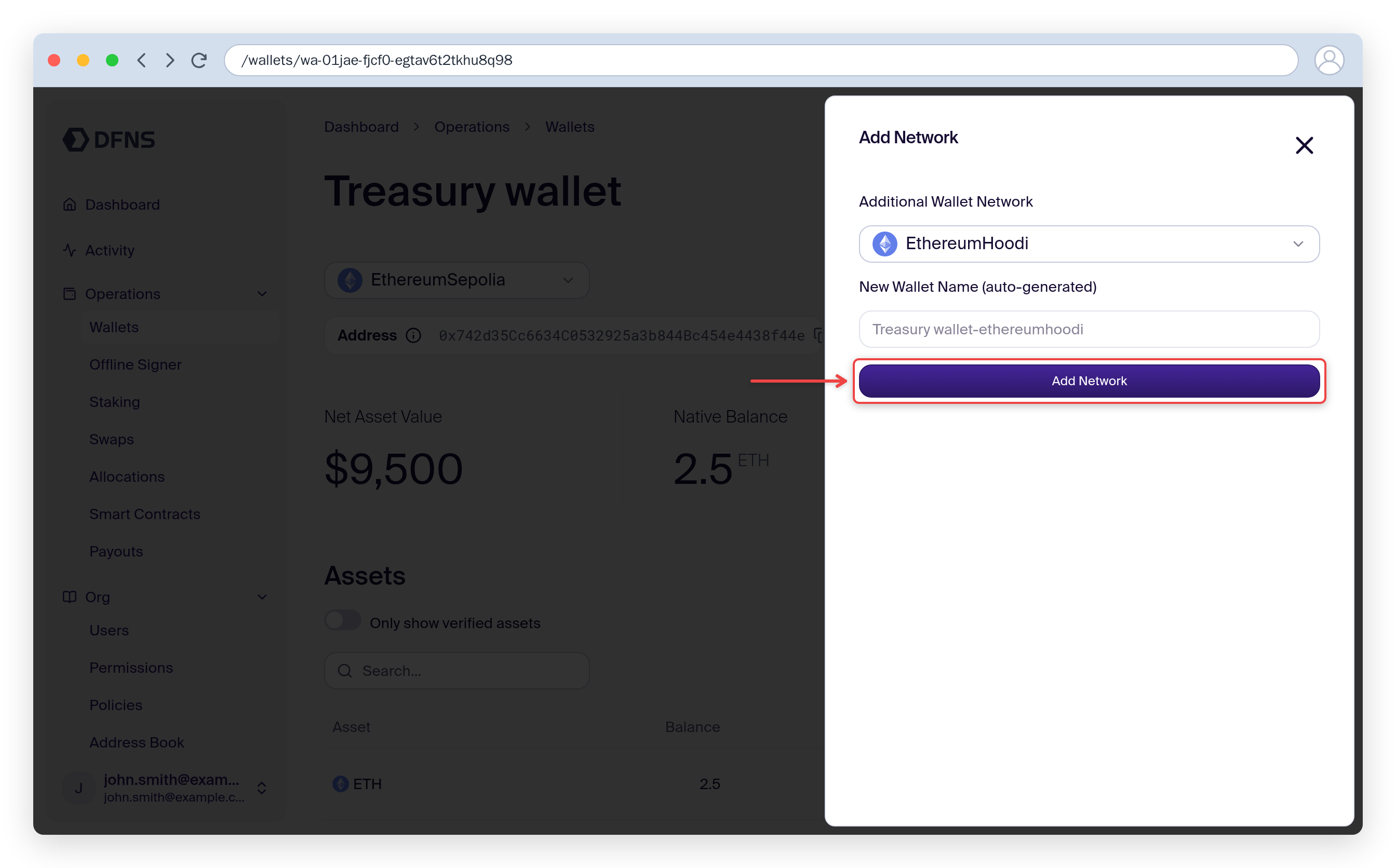 Add Network to Wallet slideout with a target network selected and Add Network highlighted