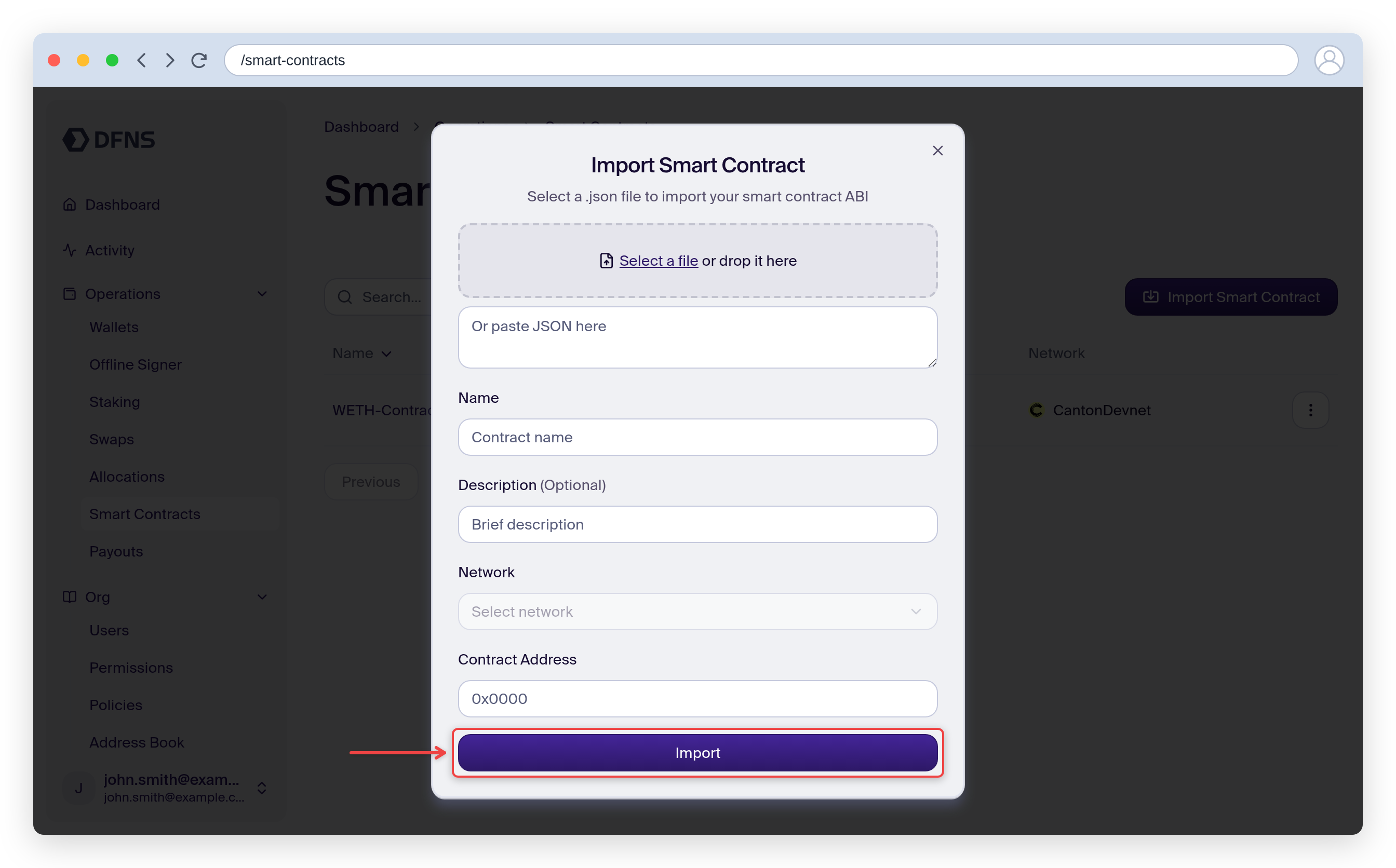Import Smart Contract form with ABI, name, network and address fields
