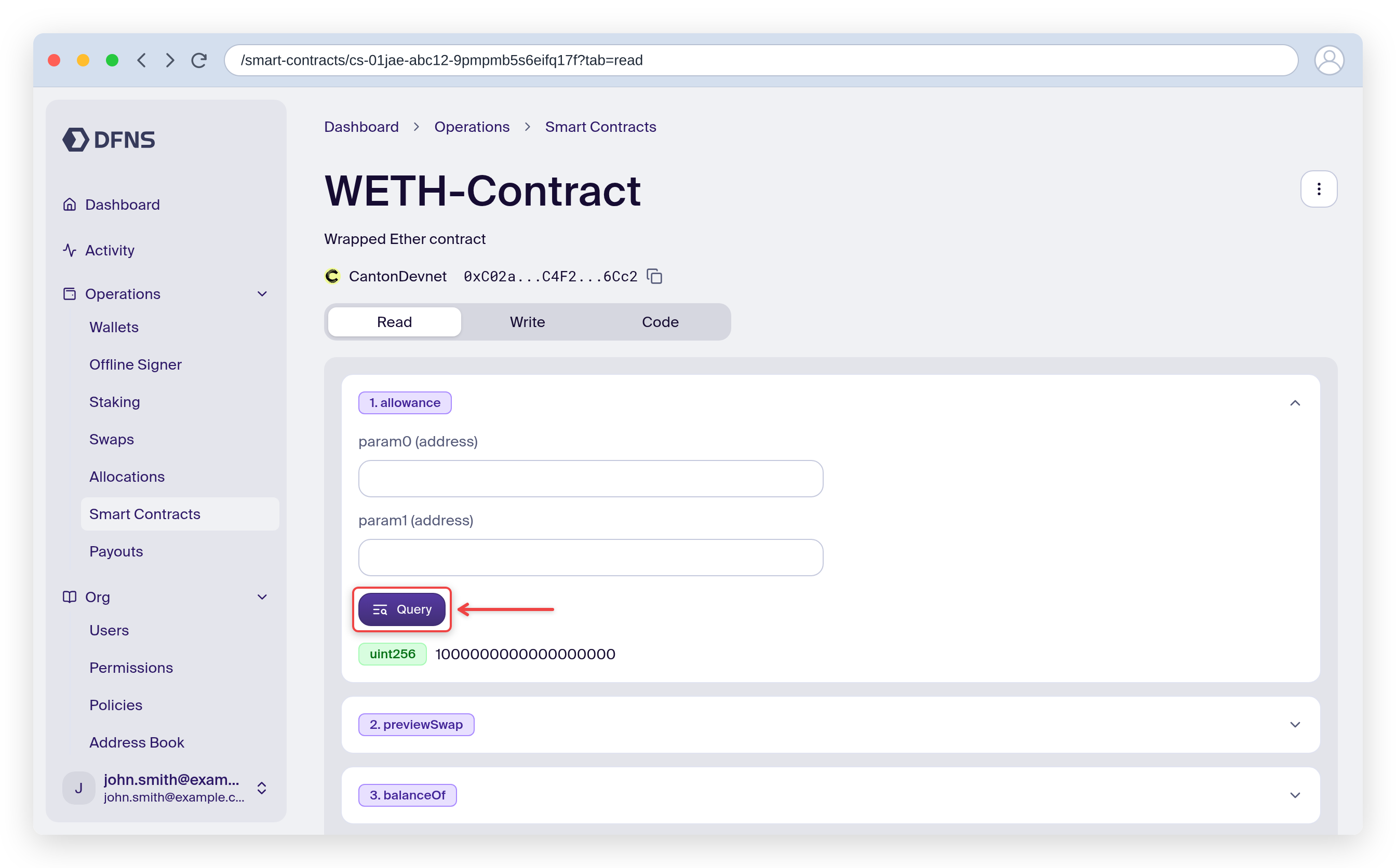 Read tab with a function expanded, the Query button and its returned result