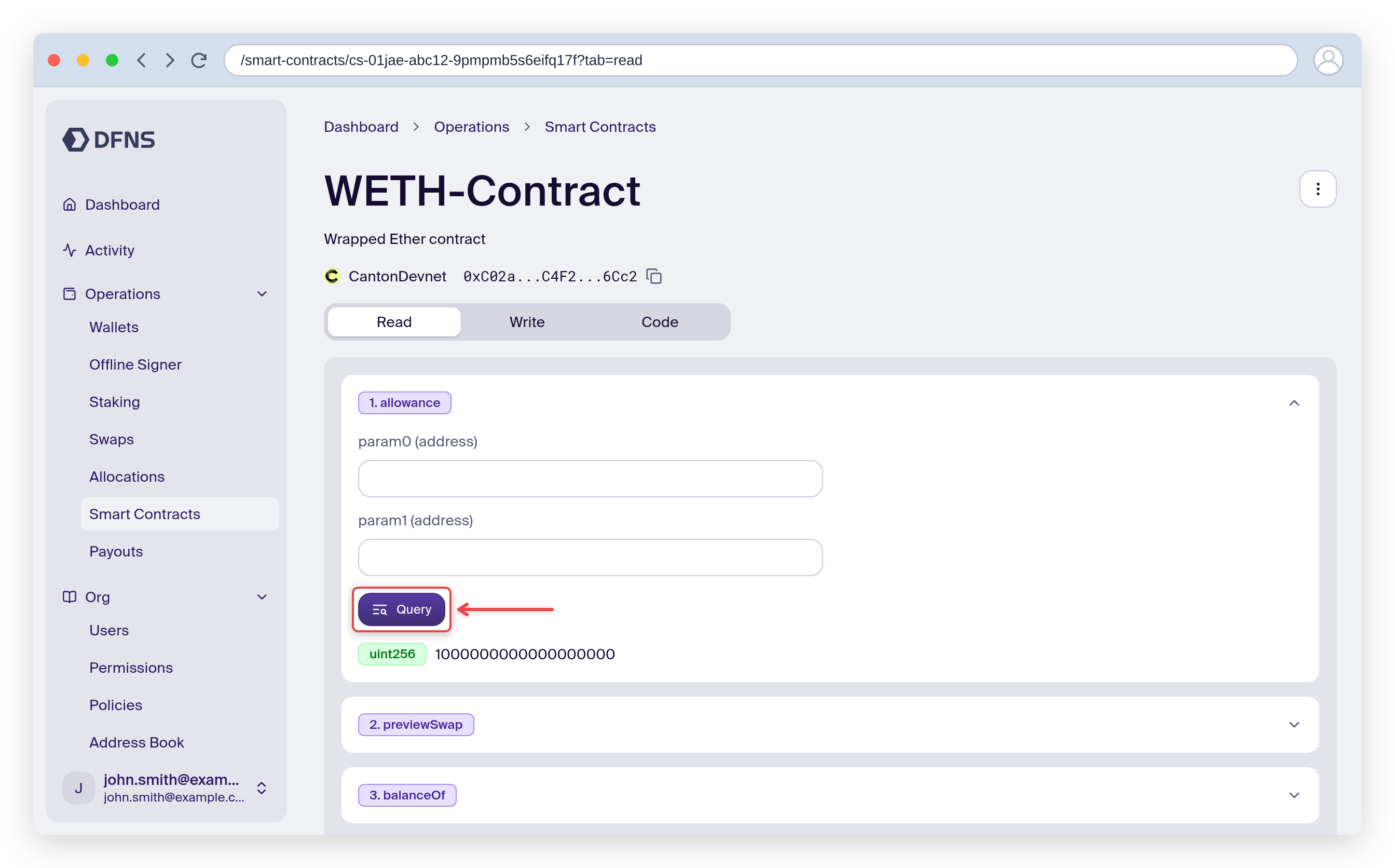 Read tab with a function expanded, the Query button and its returned result