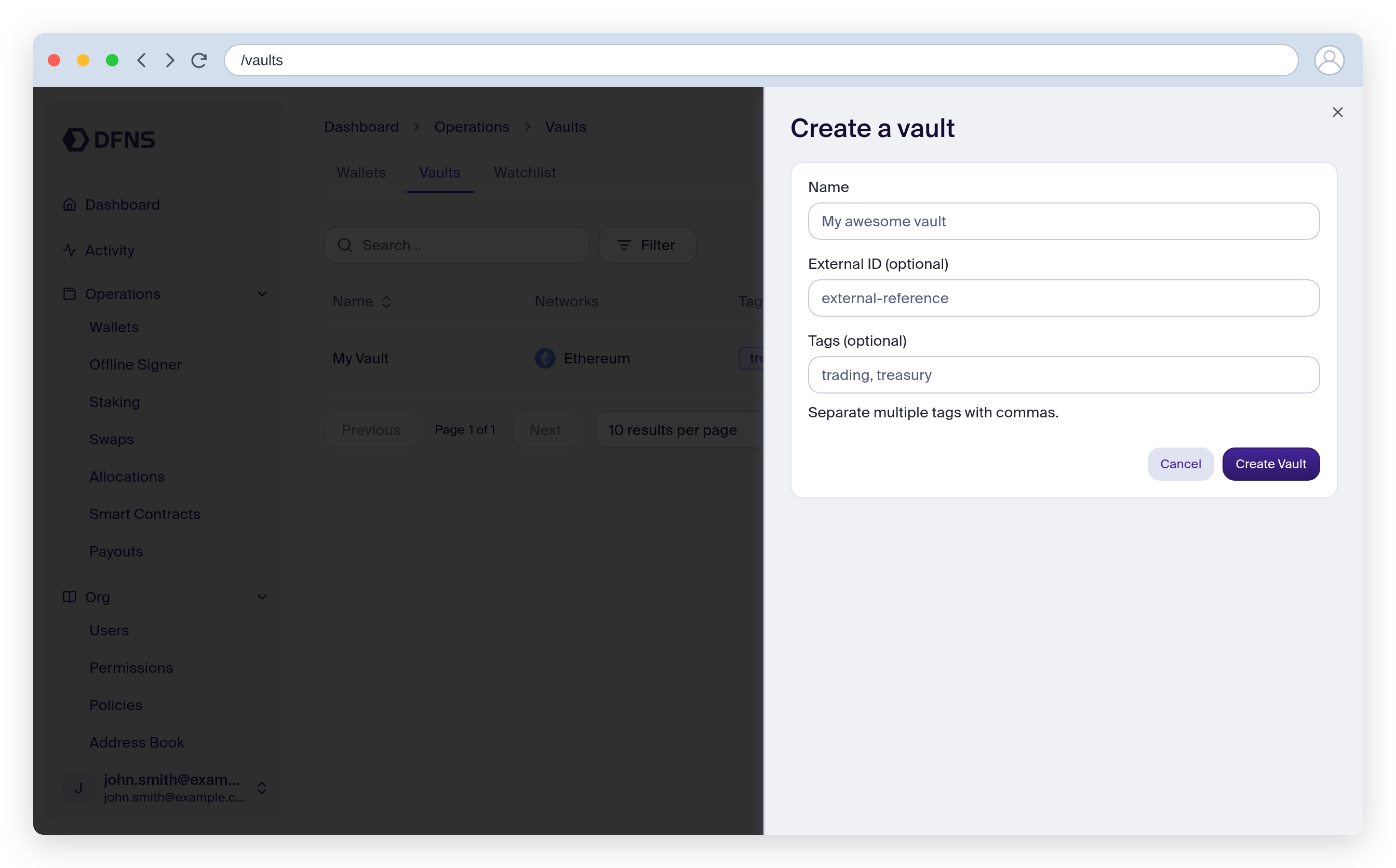 Create vault dialog with name and tags fields